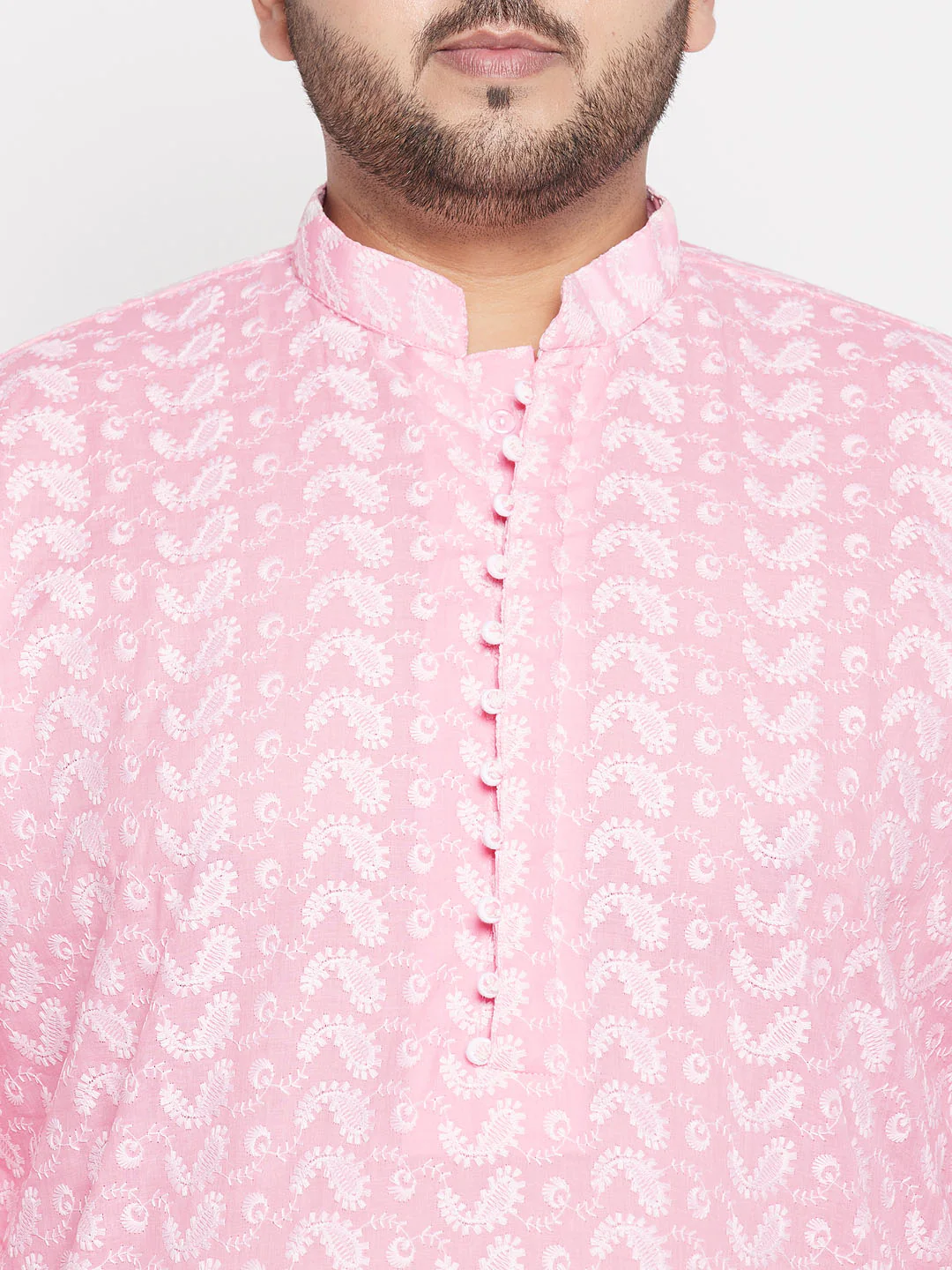 Men's Plus Size Pink Chikankari Embroidered Kurta And White Dhoti Set - Image 4