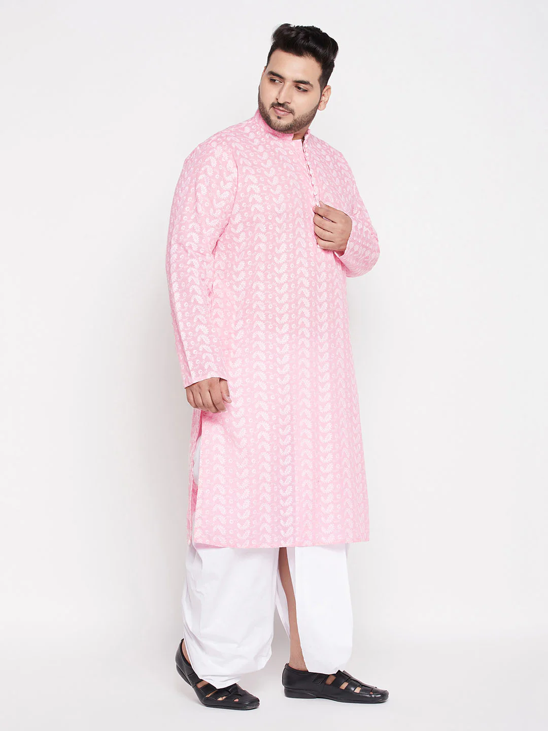 Men's Plus Size Pink Chikankari Embroidered Kurta And White Dhoti Set - Image 6
