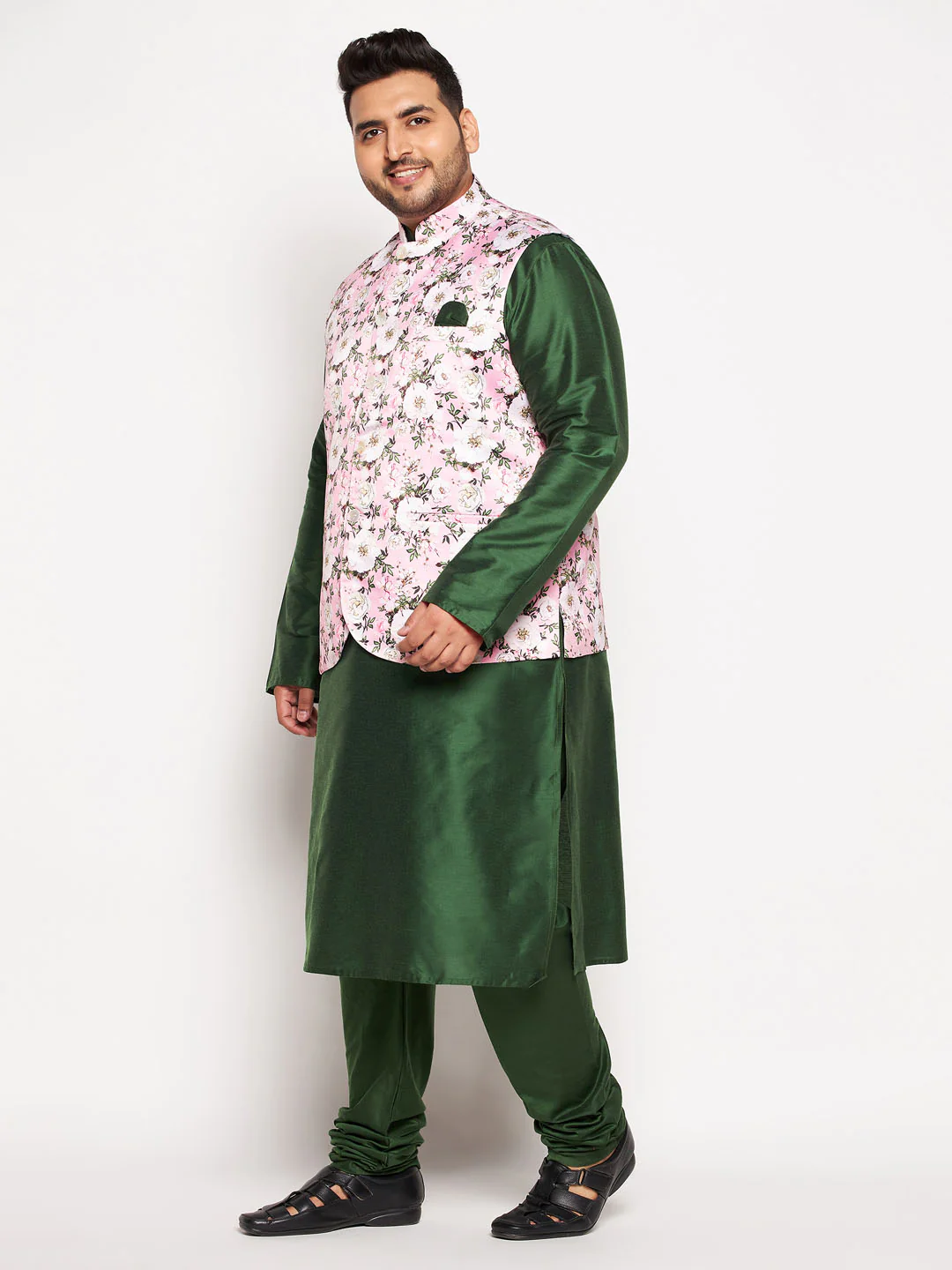 Men's Plus Size Pink Floral Printed Jacket With Viscose Green Solid Kurta Pyjama Set - Image 2