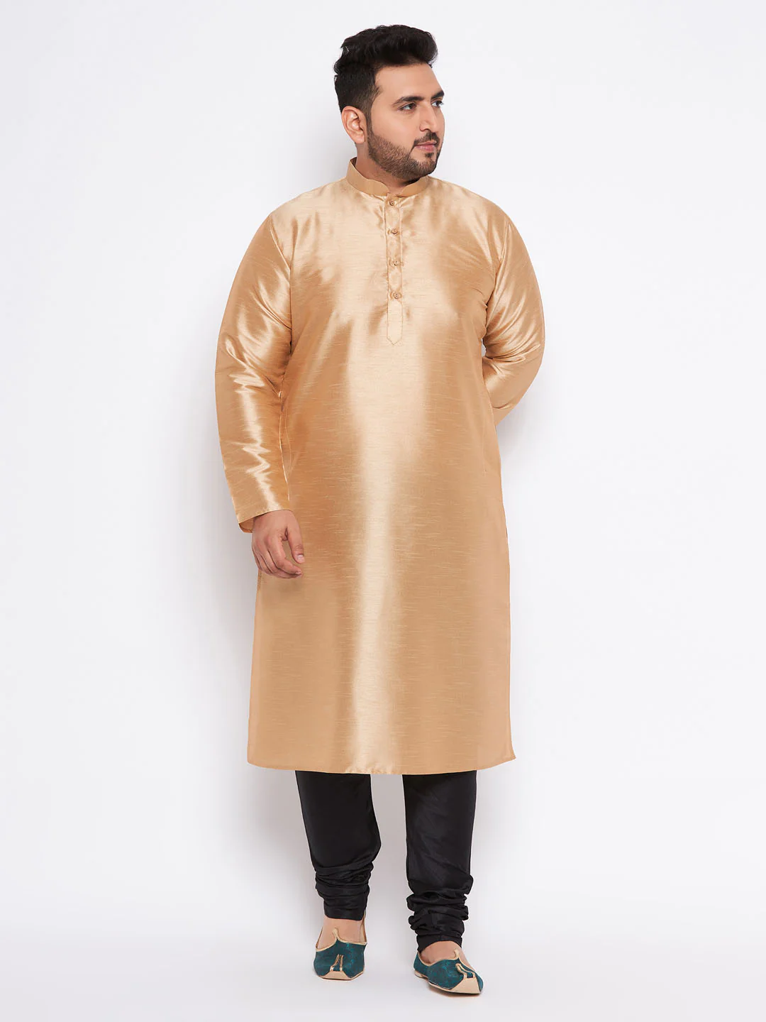 Men's Plus Size Rose Gold Silk Blend Kurta And Black Pyjama Set - Image 7