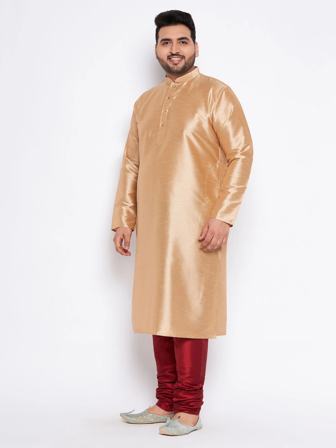 Men's Plus Size Rose Gold Silk Blend Kurta And Maroon Pyjama Set - Image 2