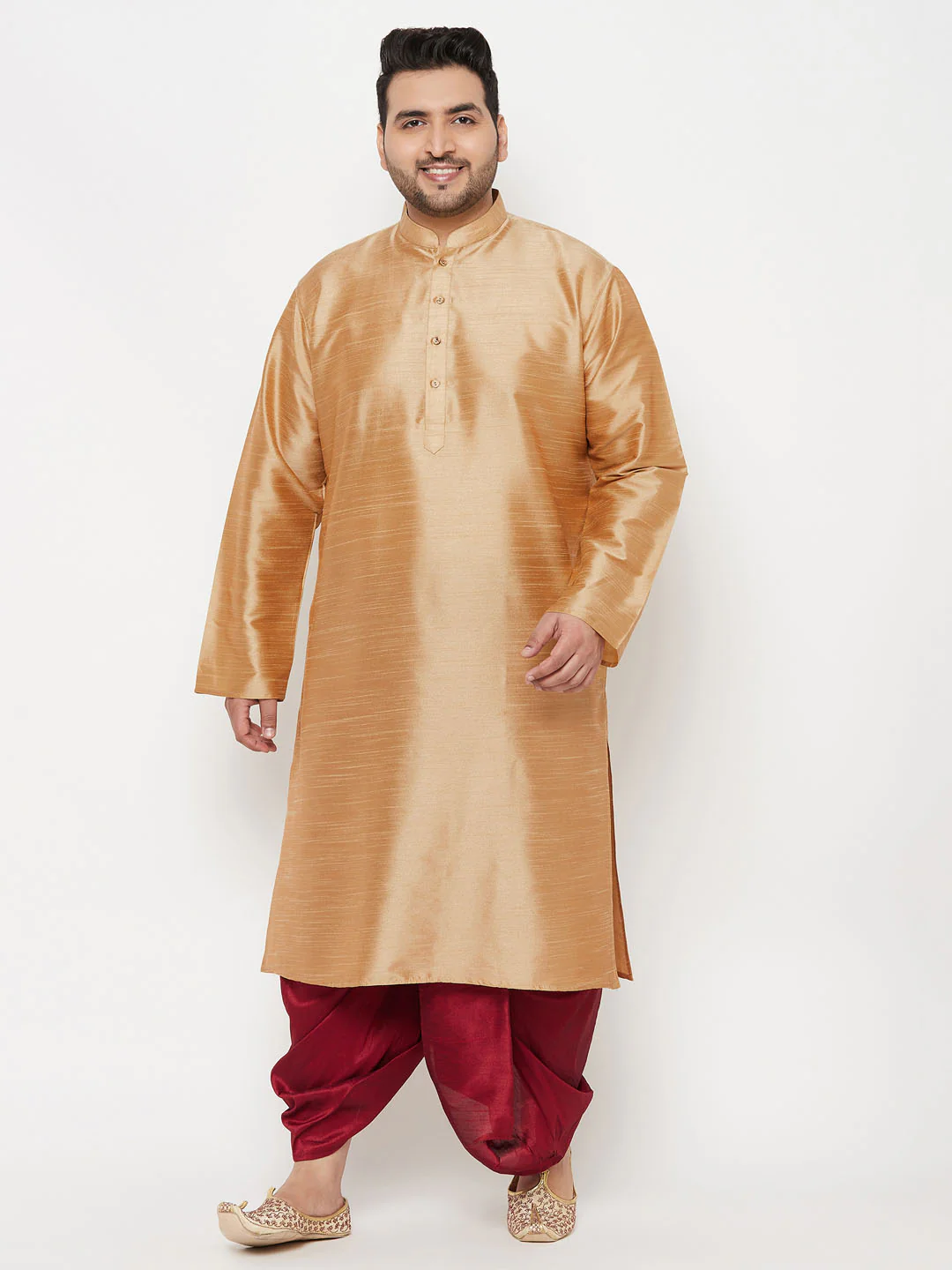 Men's Plus Size Rose Gold Silk Blend Kurta And Maroon Solid Dhoti Set - Image 7