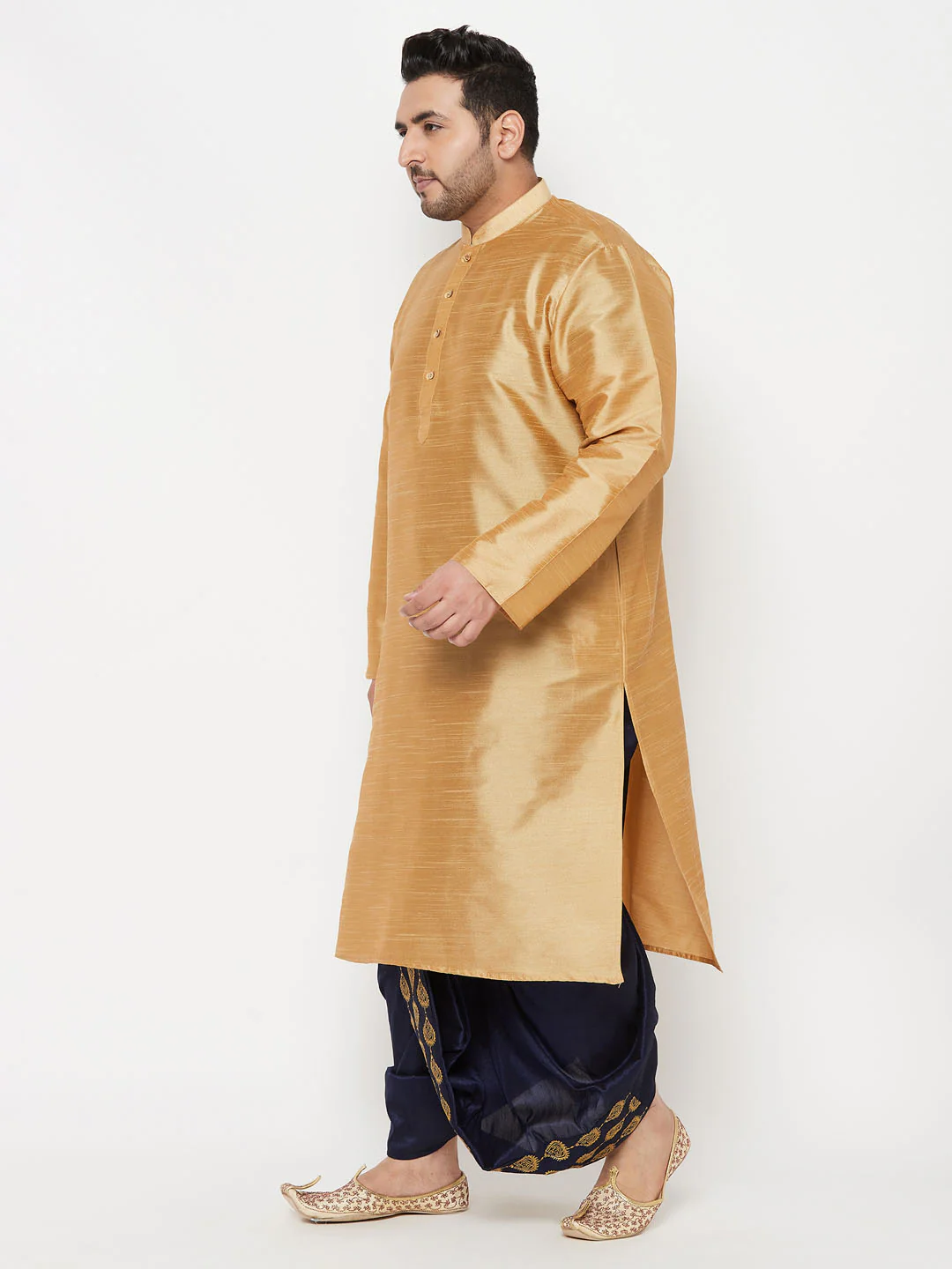Men's Plus Size Rose Gold Silk Blend Kurta And Navy Blue Dhoti Set - Image 2