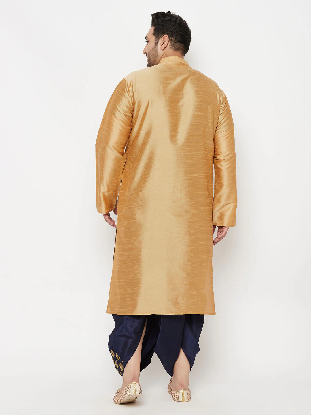 Men's Plus Size Rose Gold Silk Blend Kurta And Navy Blue Dhoti Set - Image 3