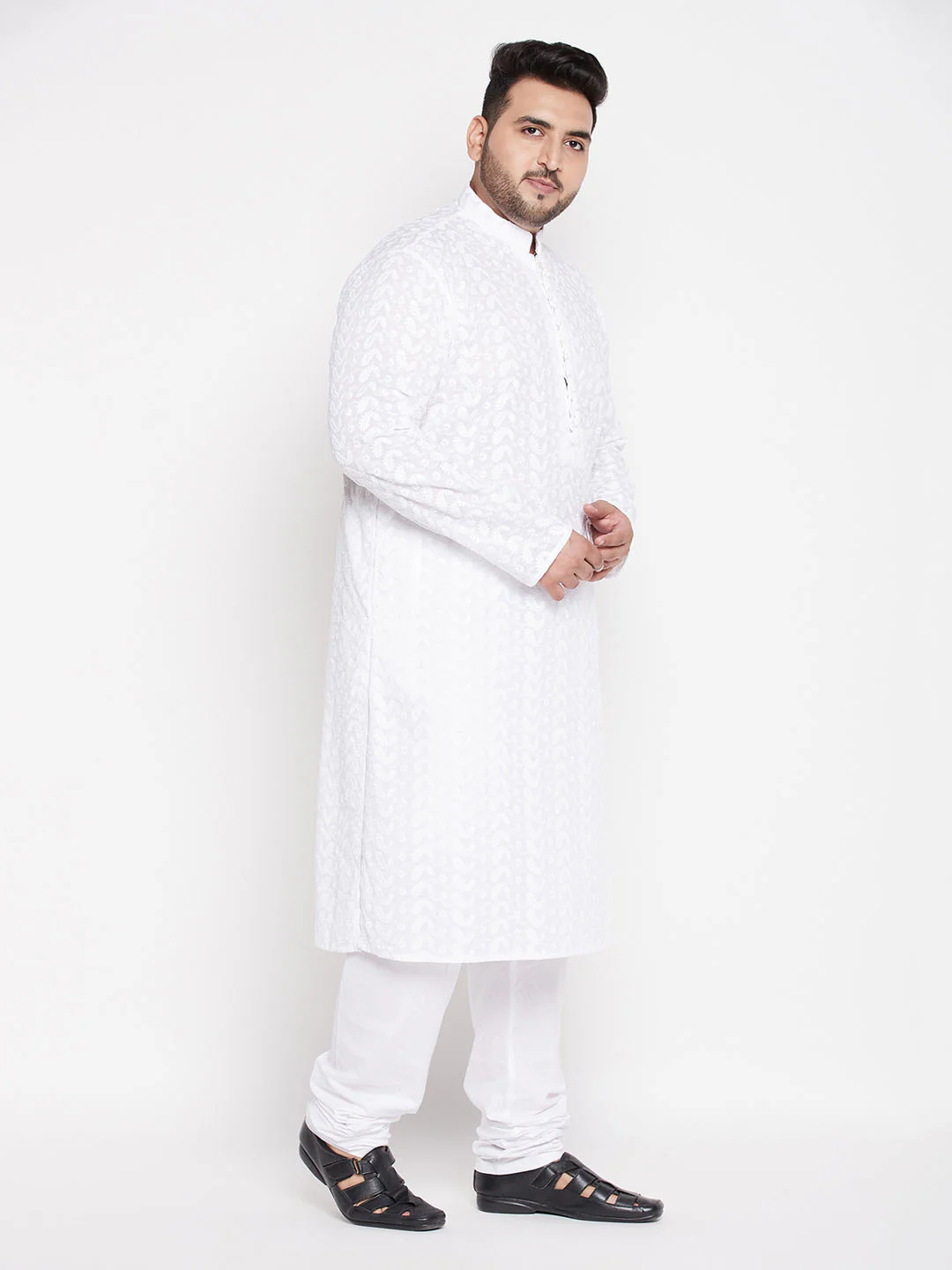 Men's Plus Size White Chikankari Embroidered Kurta And White Pyjama Set - Image 6