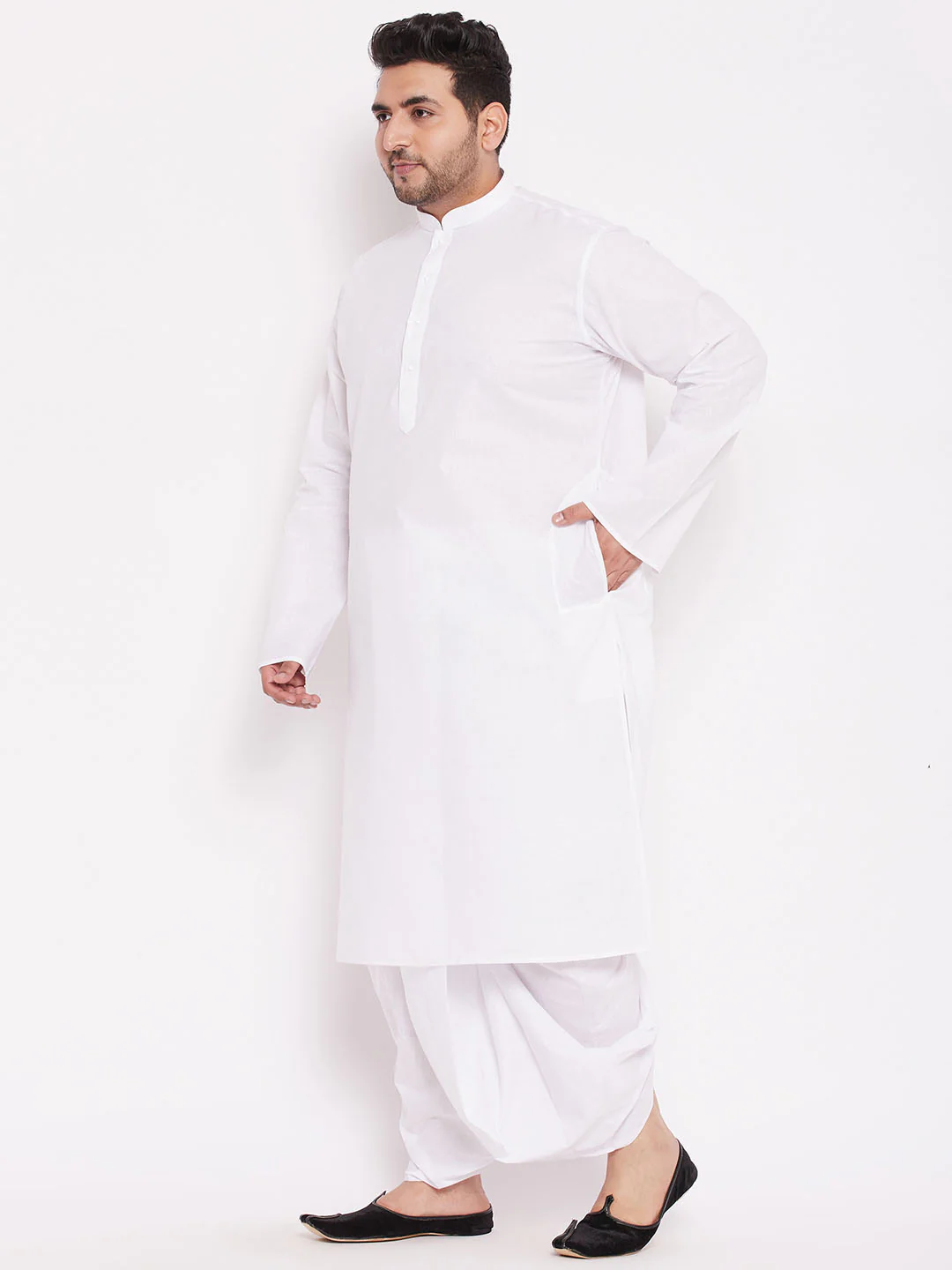 Men's Plus Size White Cotton Kurta And Dhoti Set - Image 2