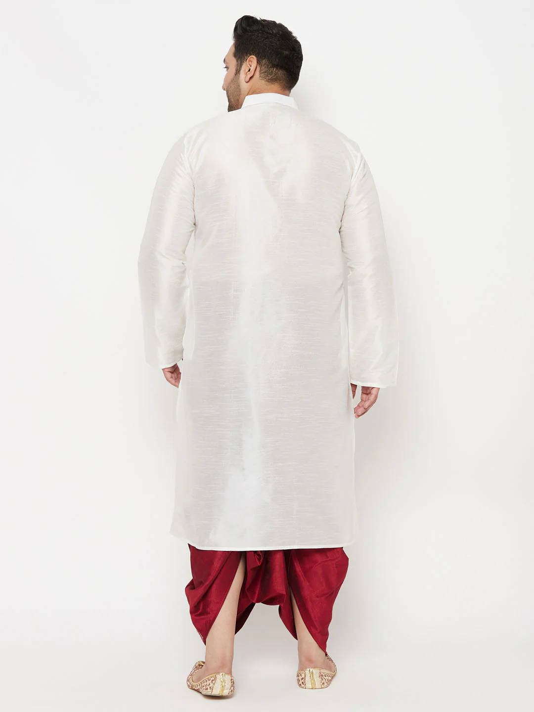 Men's Plus Size White Silk Blend Kurta And Maroon Dhoti Set - Image 3