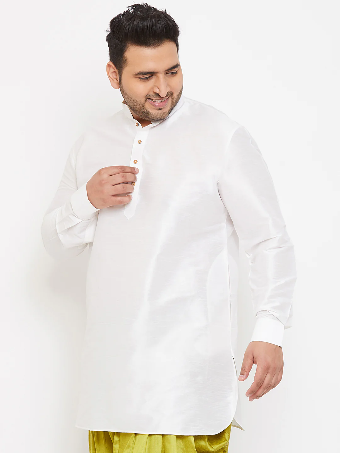 Men's Plus Size White Silk Blend Curved Kurta - Image 2