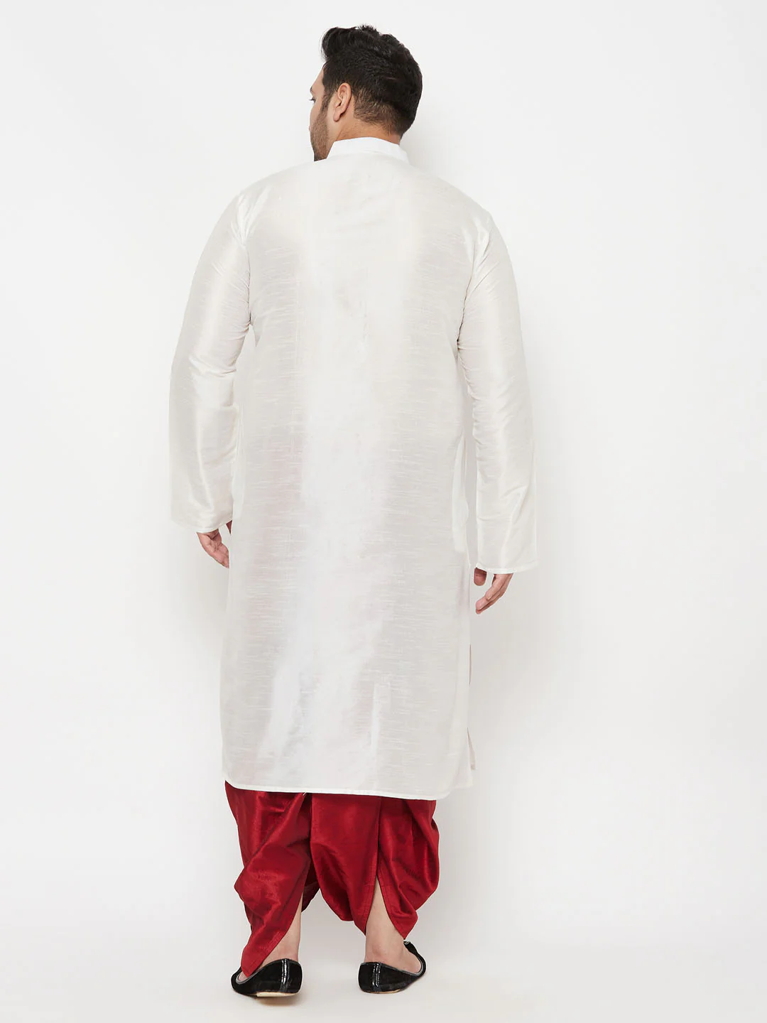 Men's Plus Size White Silk Blend Kurta And Maroon Solid Dhoti Set - Image 3