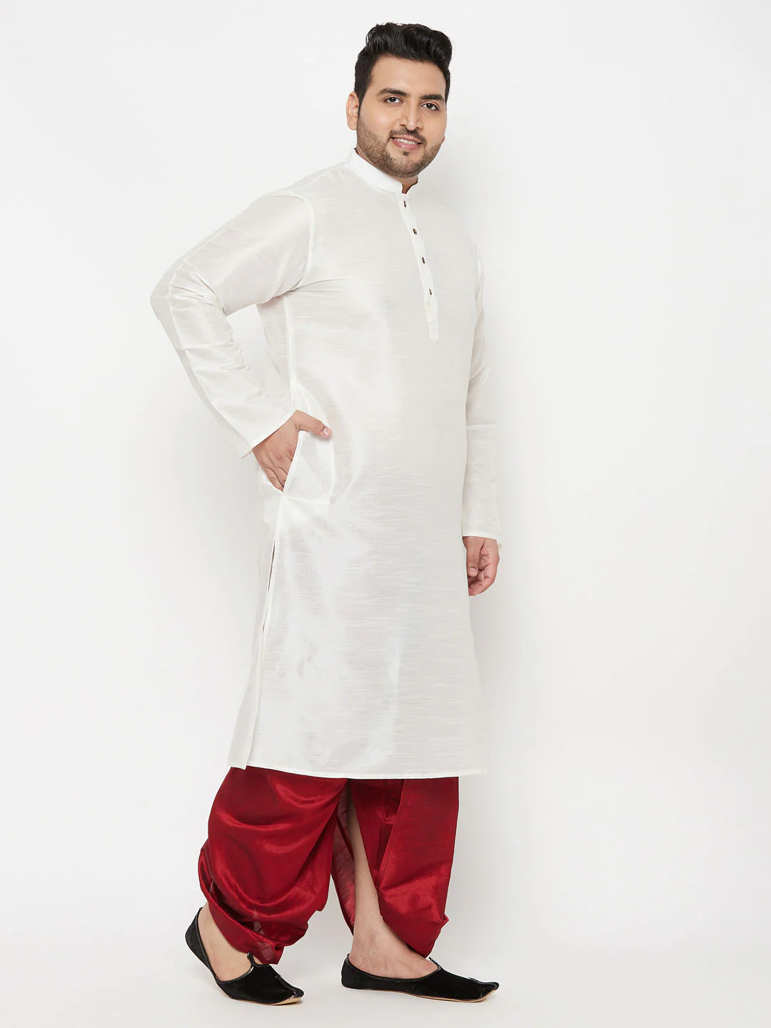 Men's Plus Size White Silk Blend Kurta And Maroon Solid Dhoti Set - Image 6