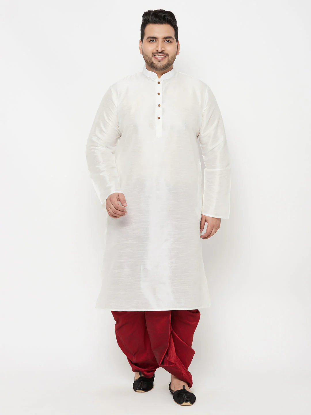 Men's Plus Size White Silk Blend Kurta And Maroon Solid Dhoti Set - Image 7