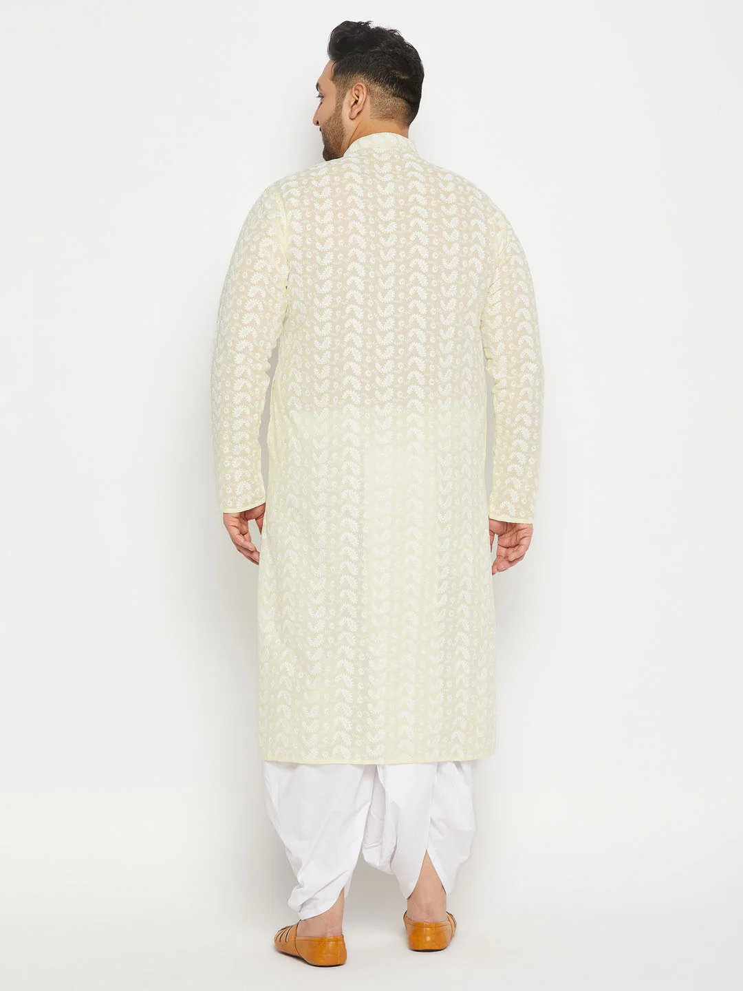 Men's Plus Size Yellow Chikankari Embroidered Kurta And White Dhoti Set - Image 3