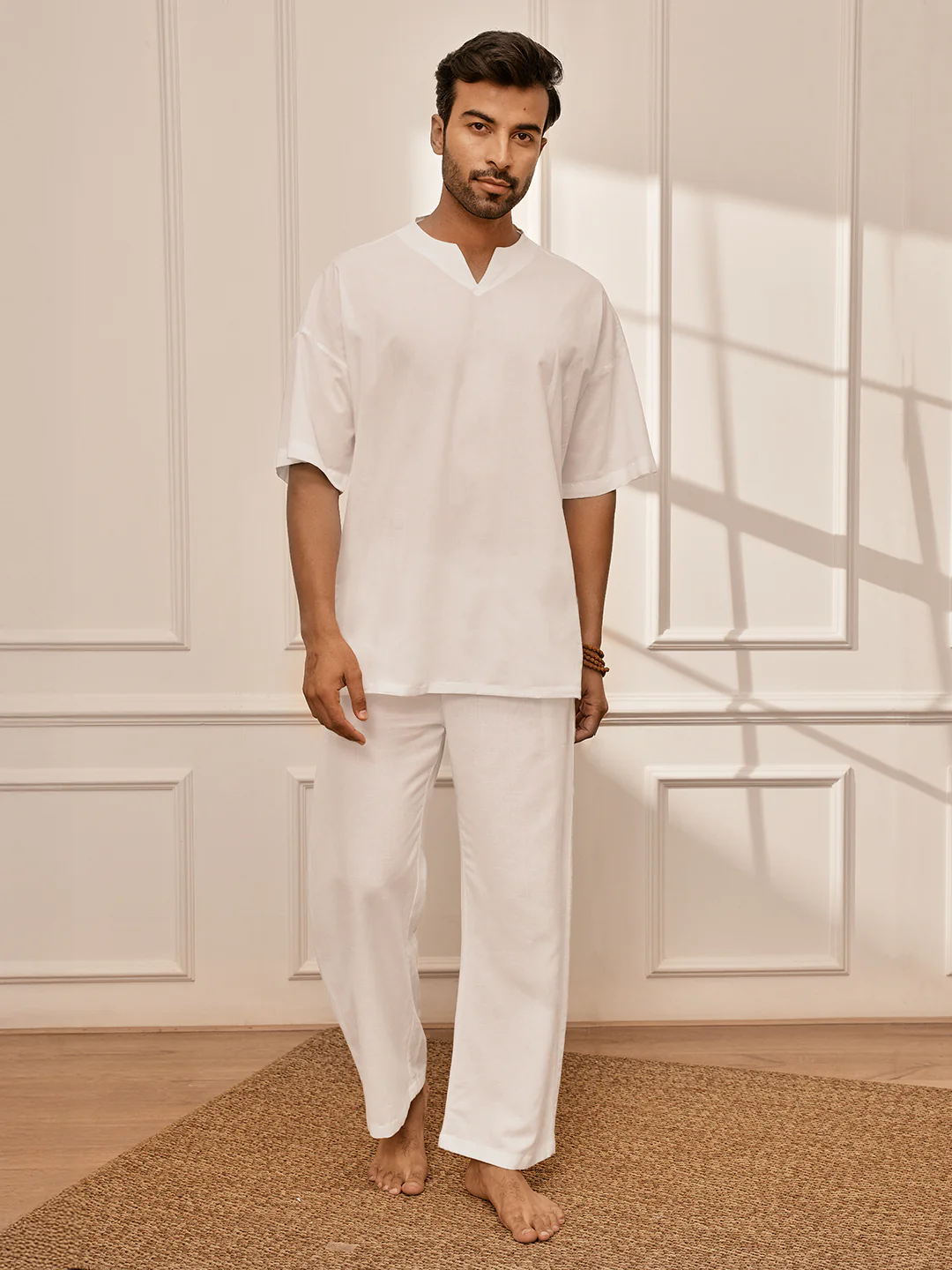 Men's Pure White Premium Cotton Yoga Kurta Palazzo Set - Image 3