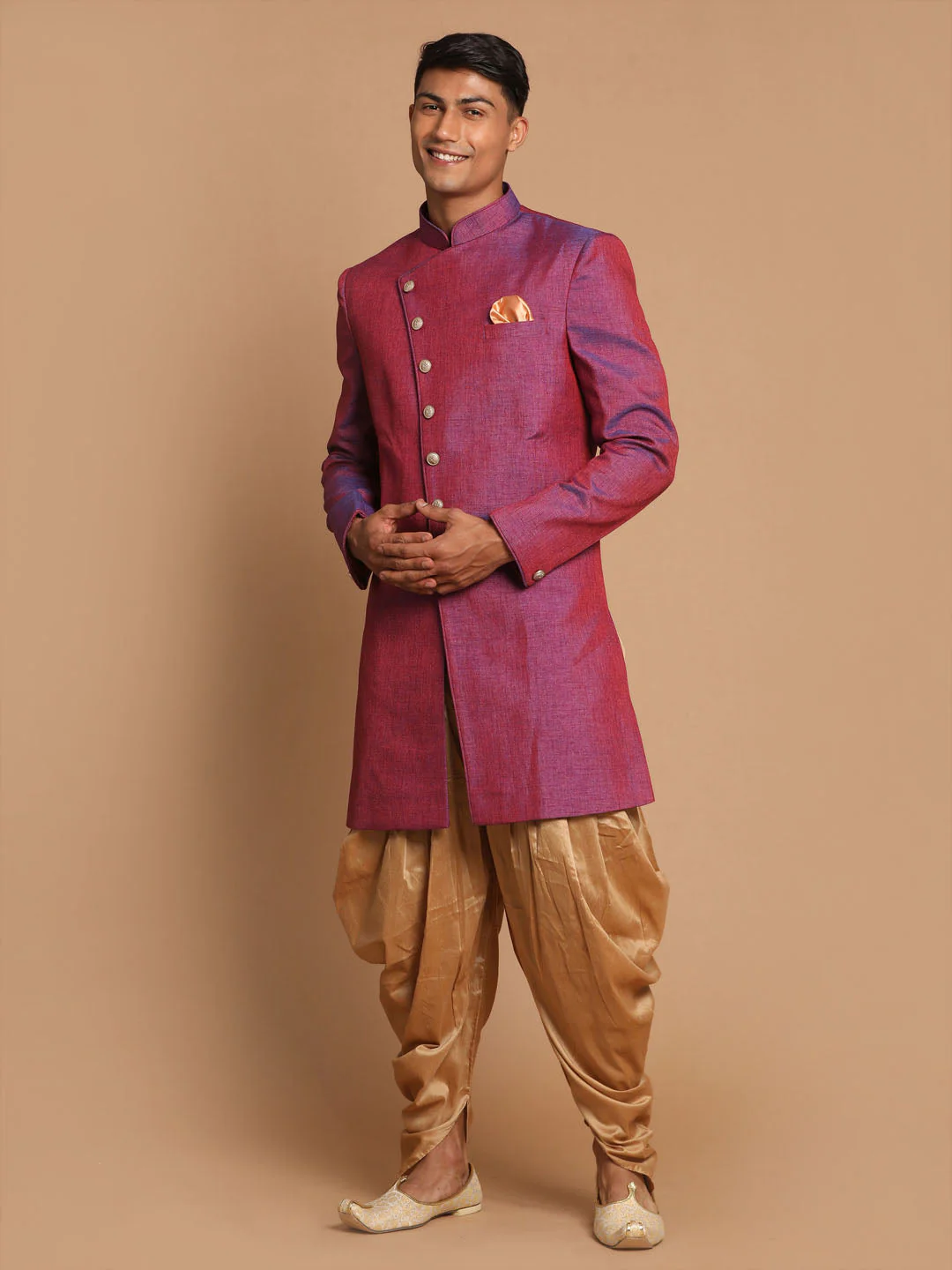 Men's Purple And Rose Gold Jute Sherwani Set - Image 2
