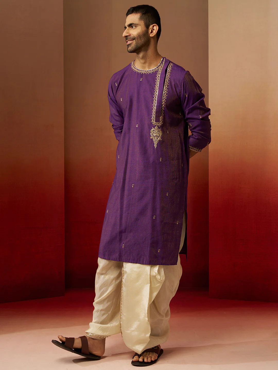 Men's Purple Zari Kurta with Beige Dhoti - Image 5