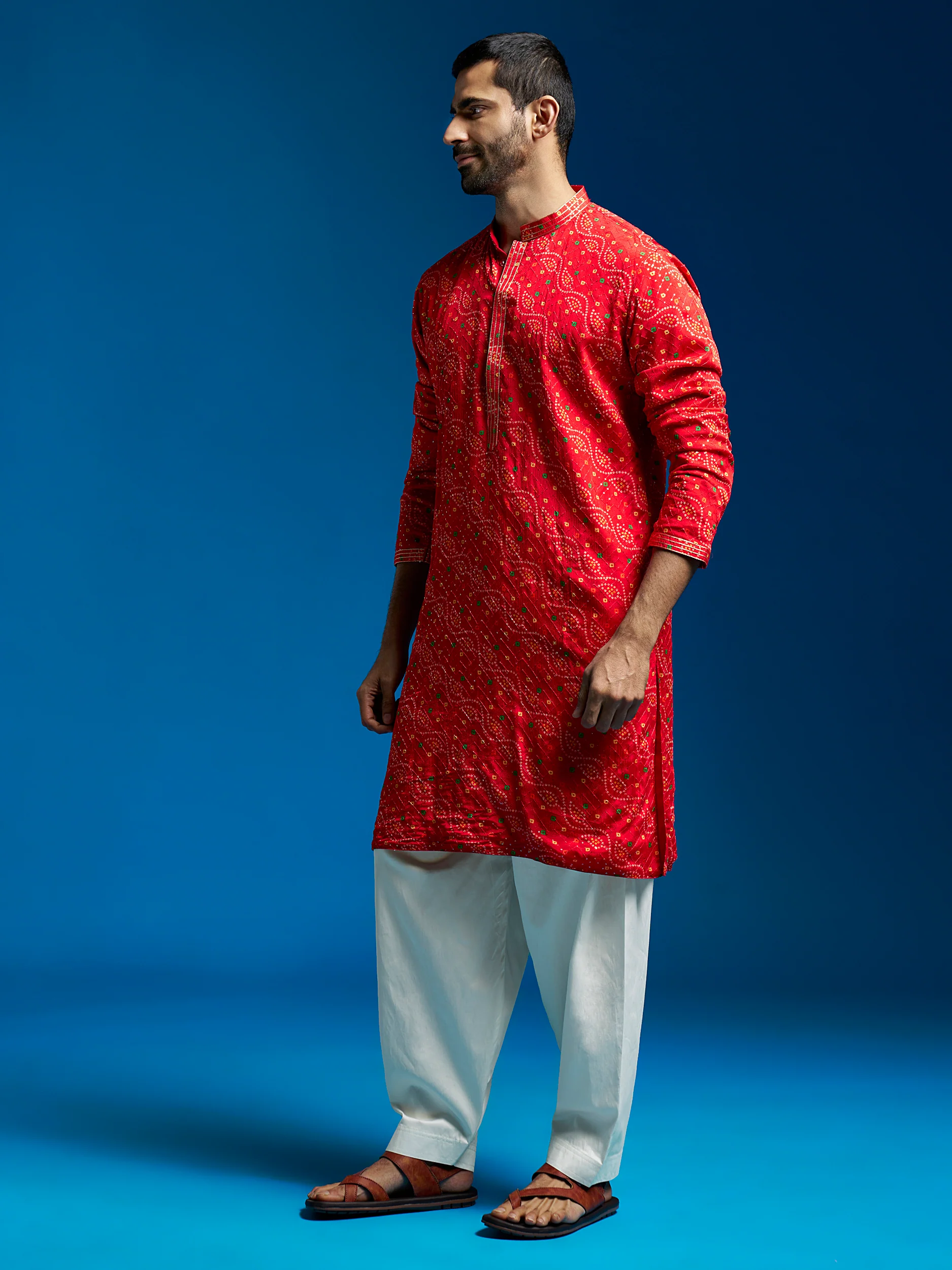 Men's Red And Cream Chinon Kurta And Patiala Set. - Image 3