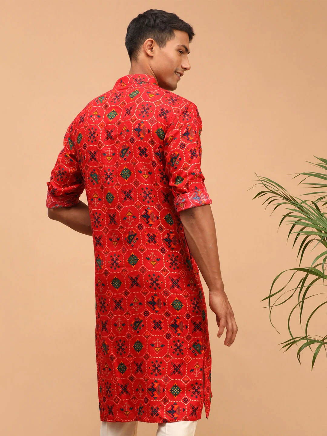 Men's Red Printed Rayon Kurta - Image 4