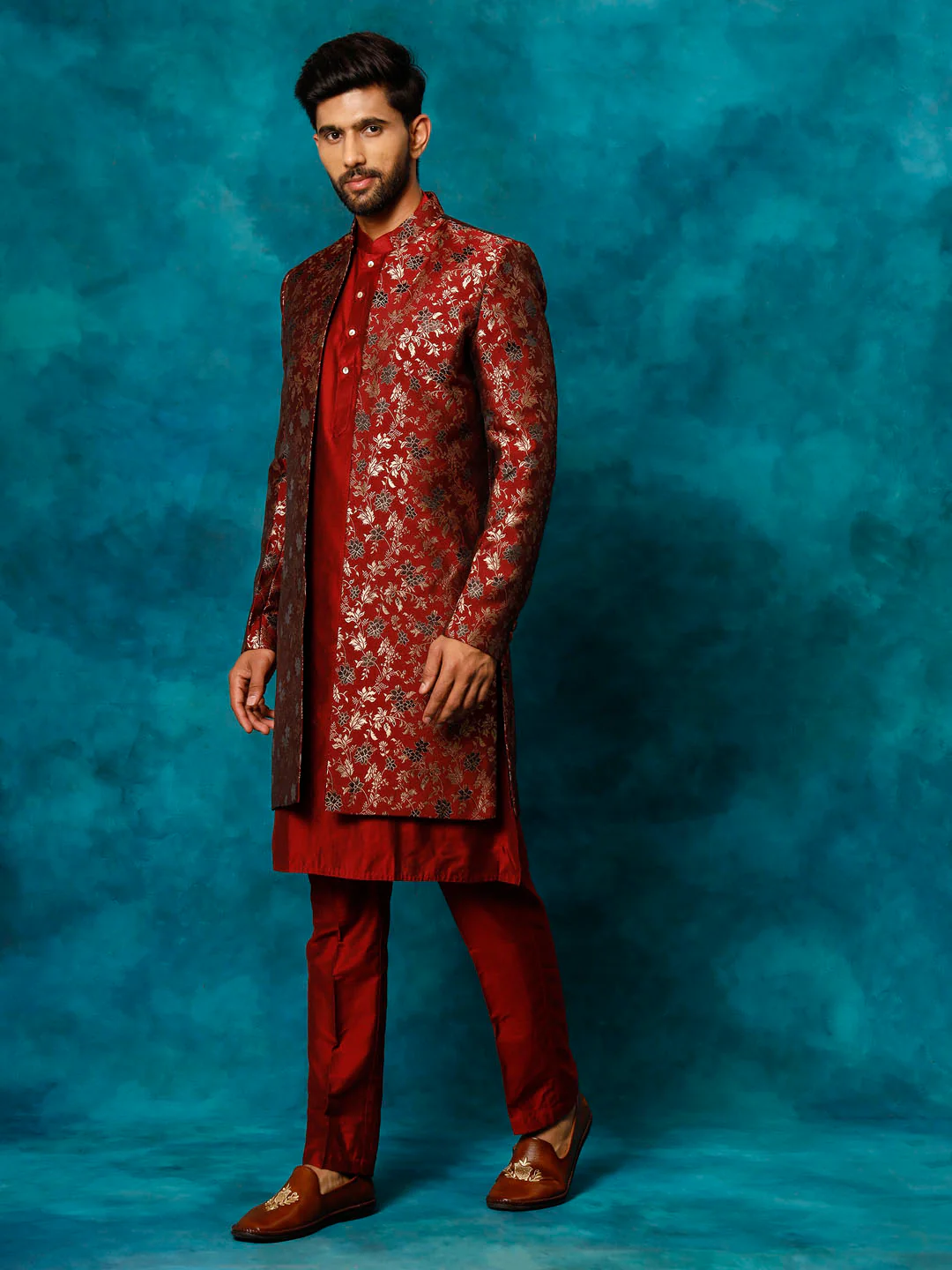 Men's Red Jacquard Indo Western With Maroon Viscose Kurta Pant Set - Image 6