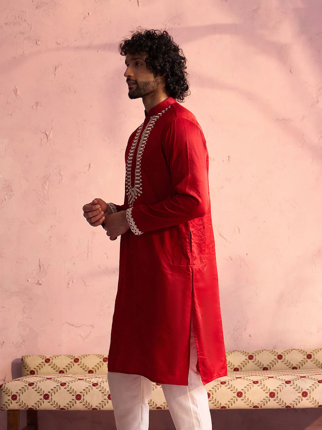 Men's Red Silk Machine Embroidered Kurta - Image 2