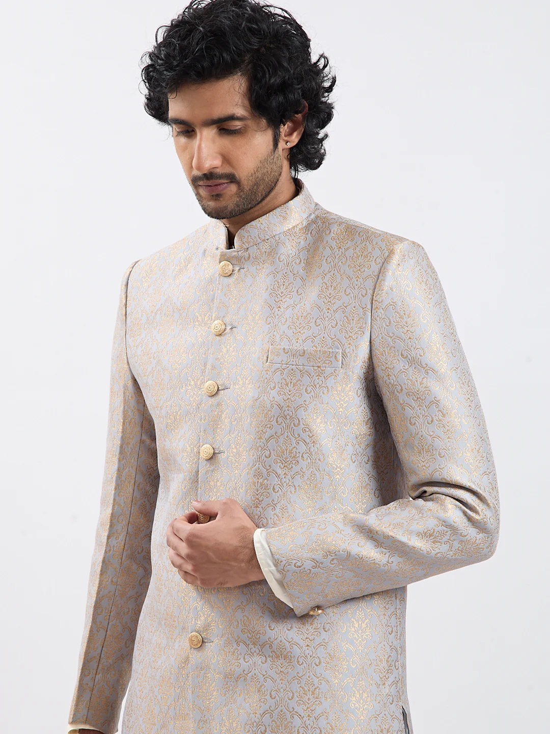 Men's Rose Gold And Gray Viscose Sherwani Set - Image 3