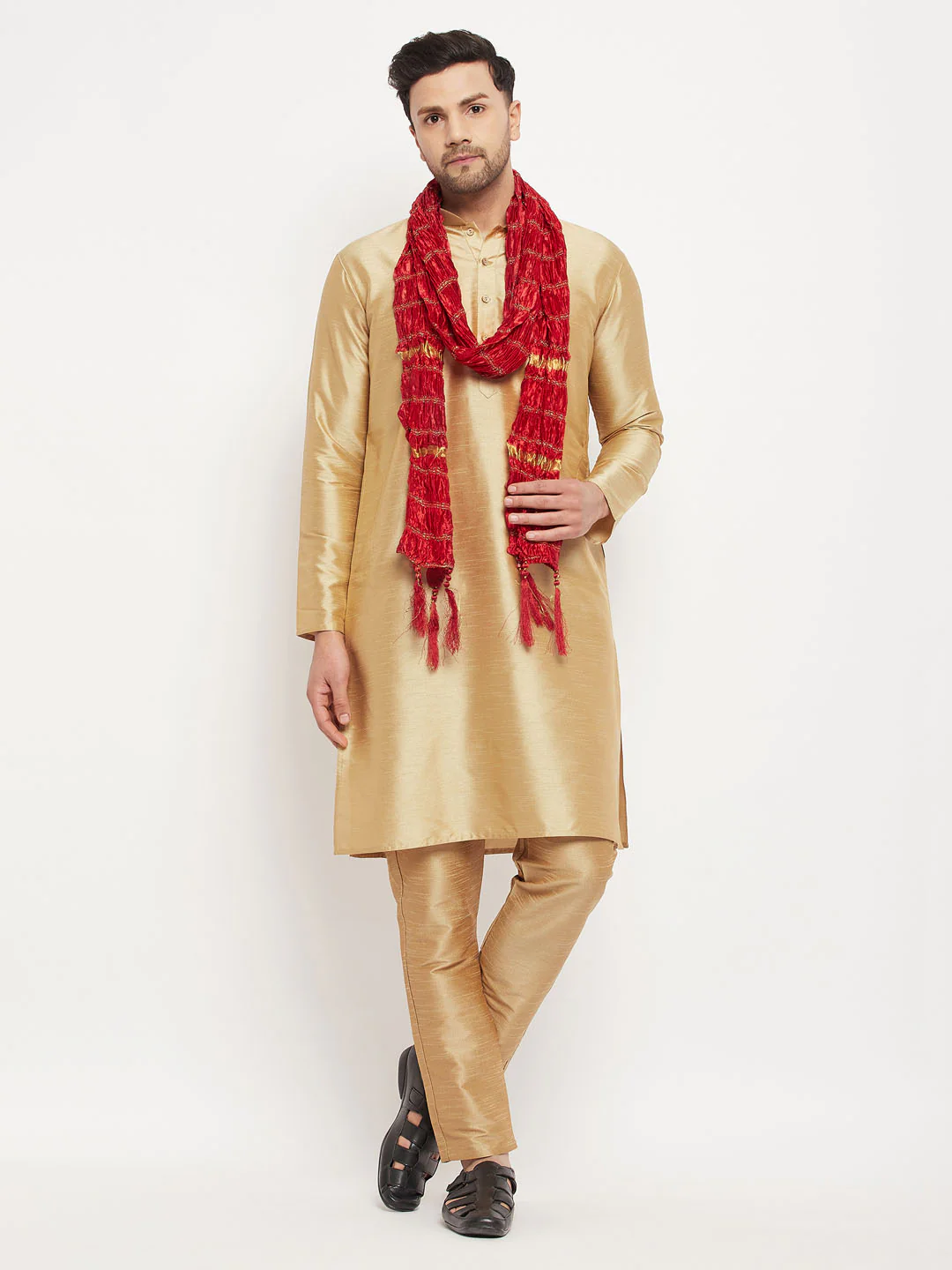 Men's Rose Gold And Maroon Silk Blend Kurta, Pyjama & Dupatta Set