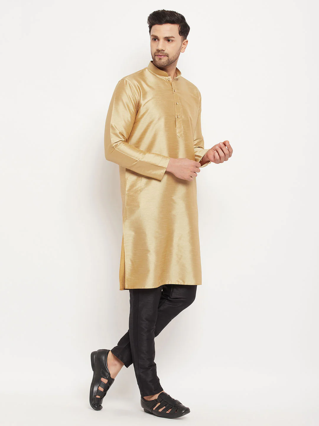 Men's Rose Gold Silk Blend Kurta And Black Pant Style Pyjama Set - Image 2