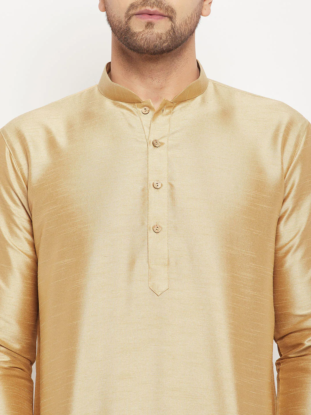 Men's Rose Gold Silk Blend Kurta And Black Pant Style Pyjama Set - Image 4