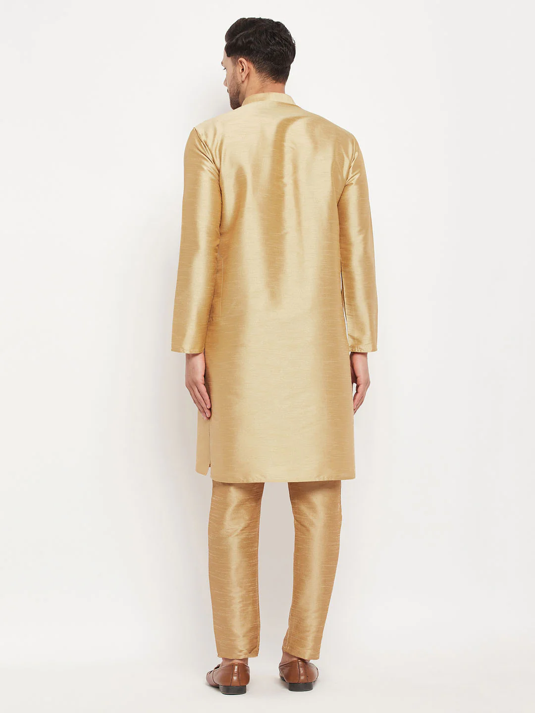 Men's Rose Gold Silk Blend Kurta And Rose Gold Pant Style Pyjama Set - Image 3