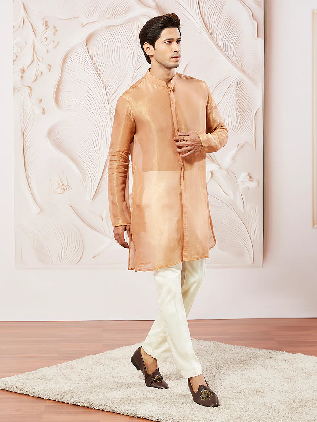 Men's Rust Tissue Silk Kurta Pyjama Set - Image 4