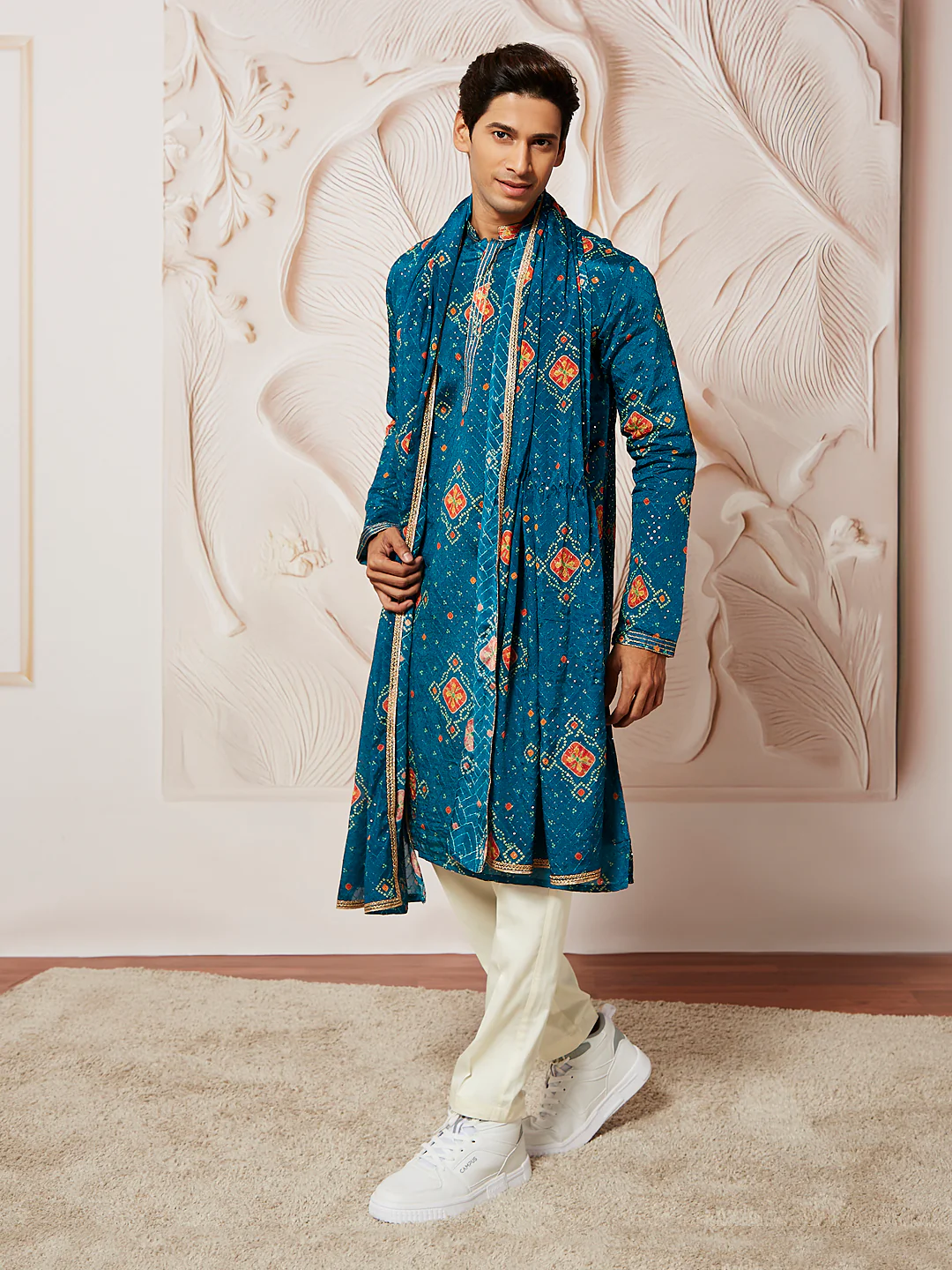 Men's Turquoise Chinon Kurta Pyjama And Dupatta Set For Men. - Image 4