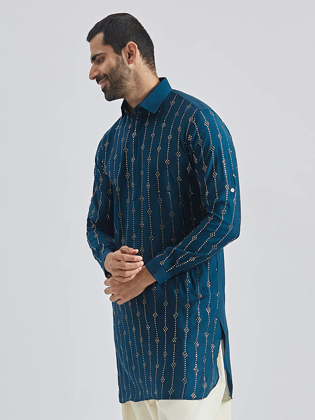 Men's Turquoise Silk Blend Kurta - Image 4