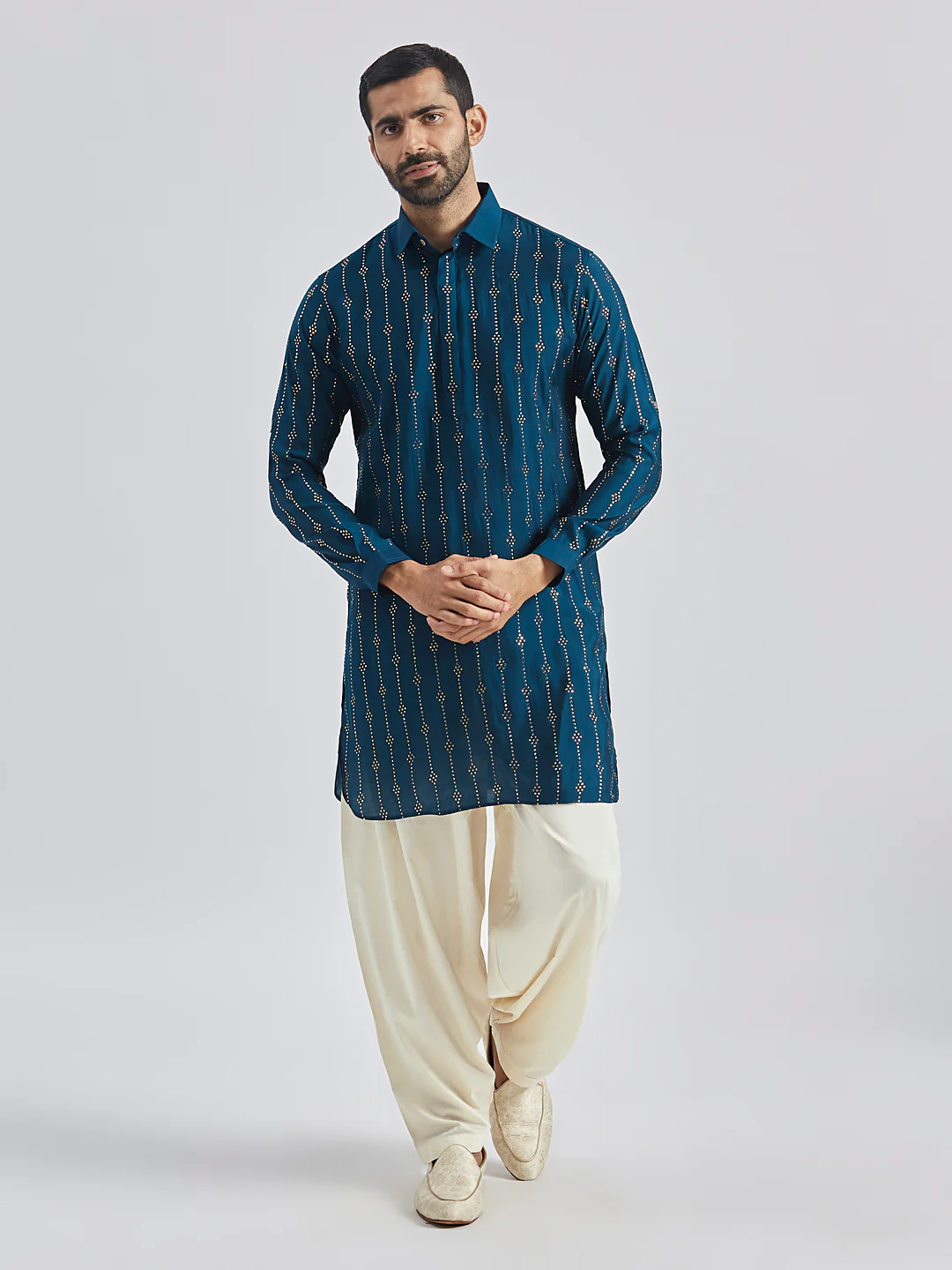 Men's Turquoise Silk Blend Kurta - Image 7