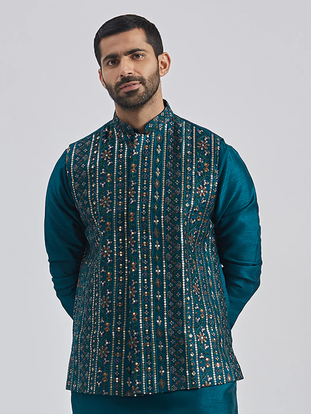 Men's Turquoise Silk Blend Nehru Jacket - Image 2
