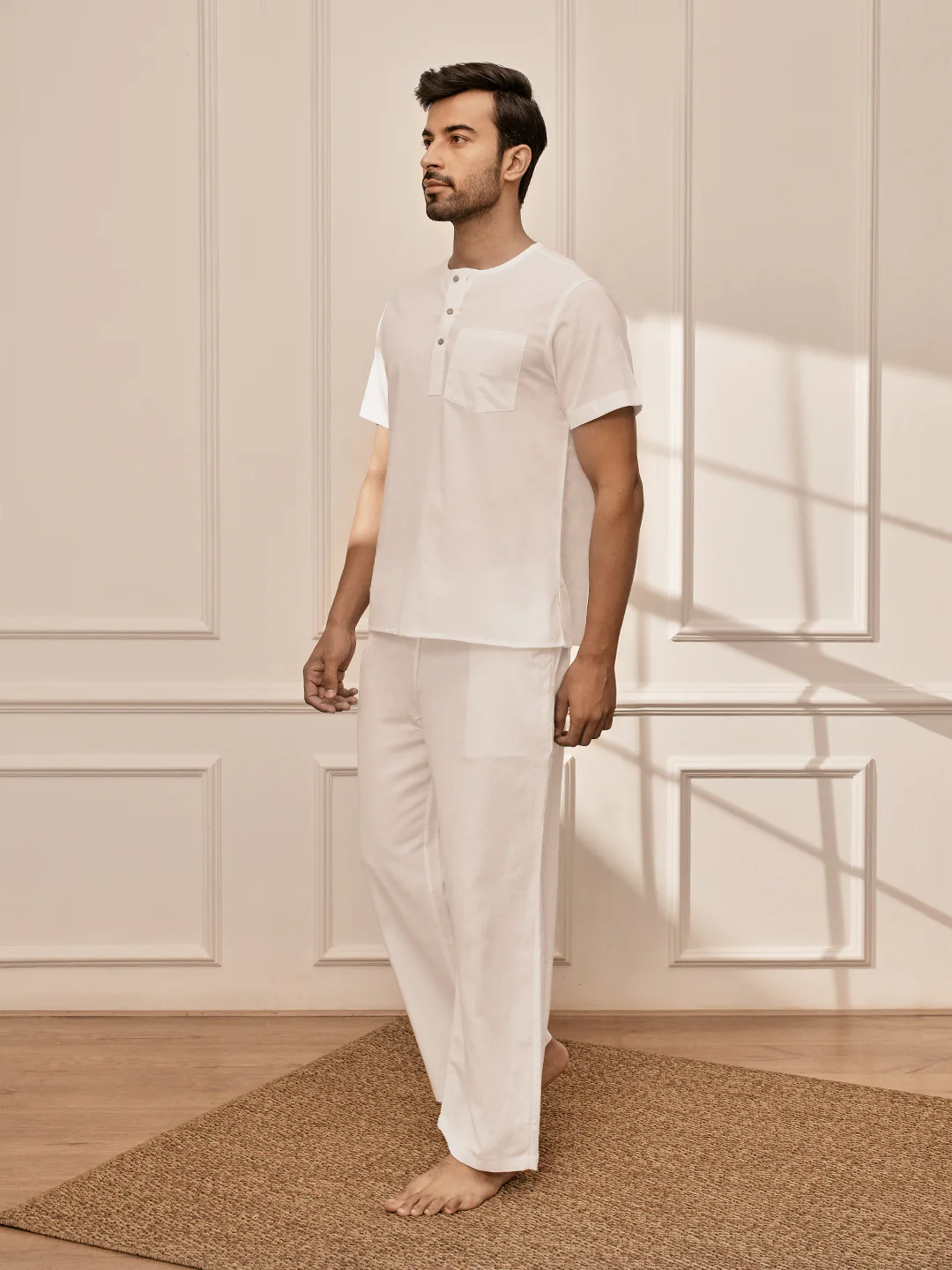 Men's White Om Embroidered Premium Yoga Kurta Palazzo Set - Image 3
