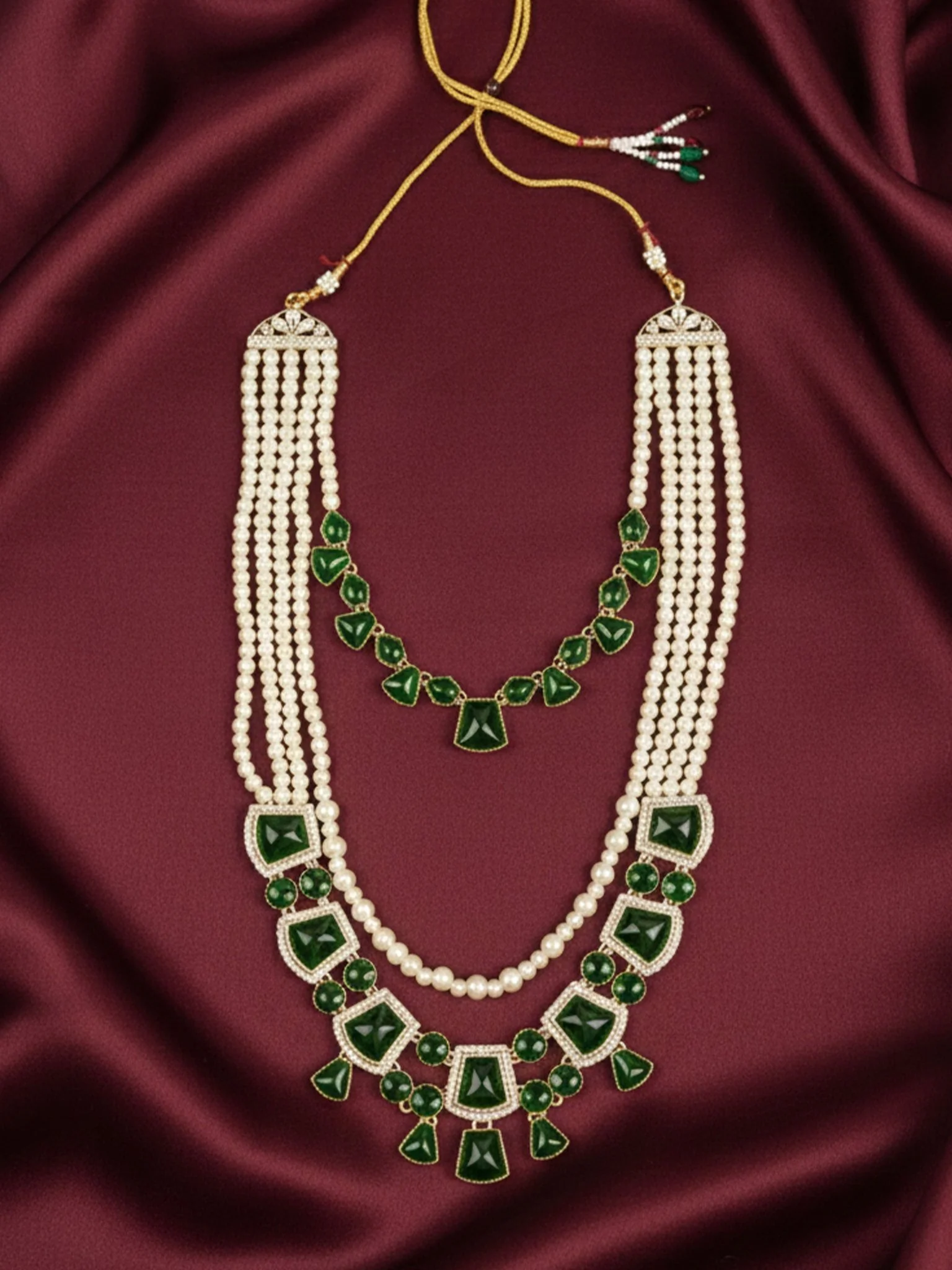 Men's White & Green Pearl Layered Necklace - Image 2