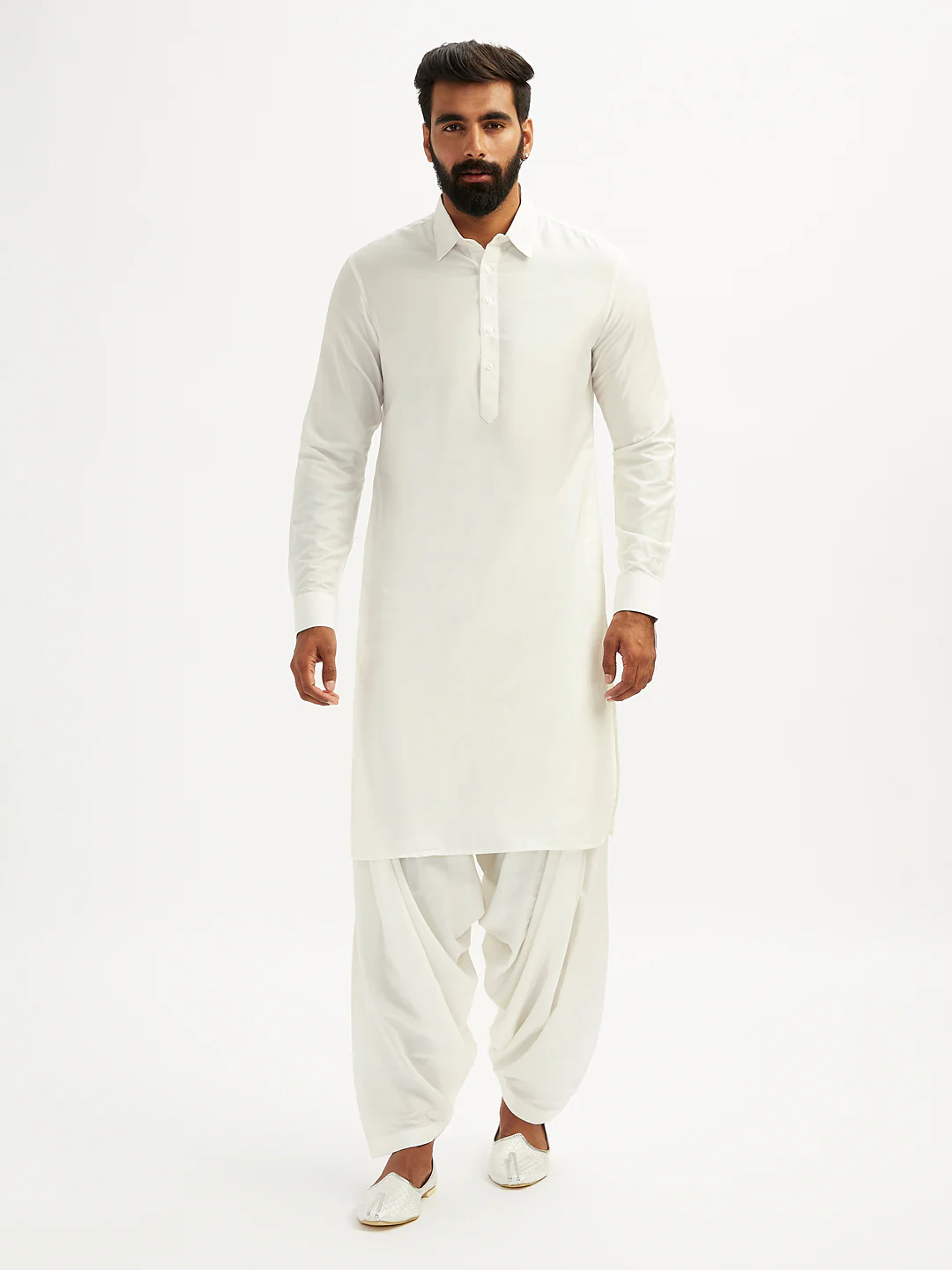 Men's White Viscose Pathani Kurta Set - Image 3