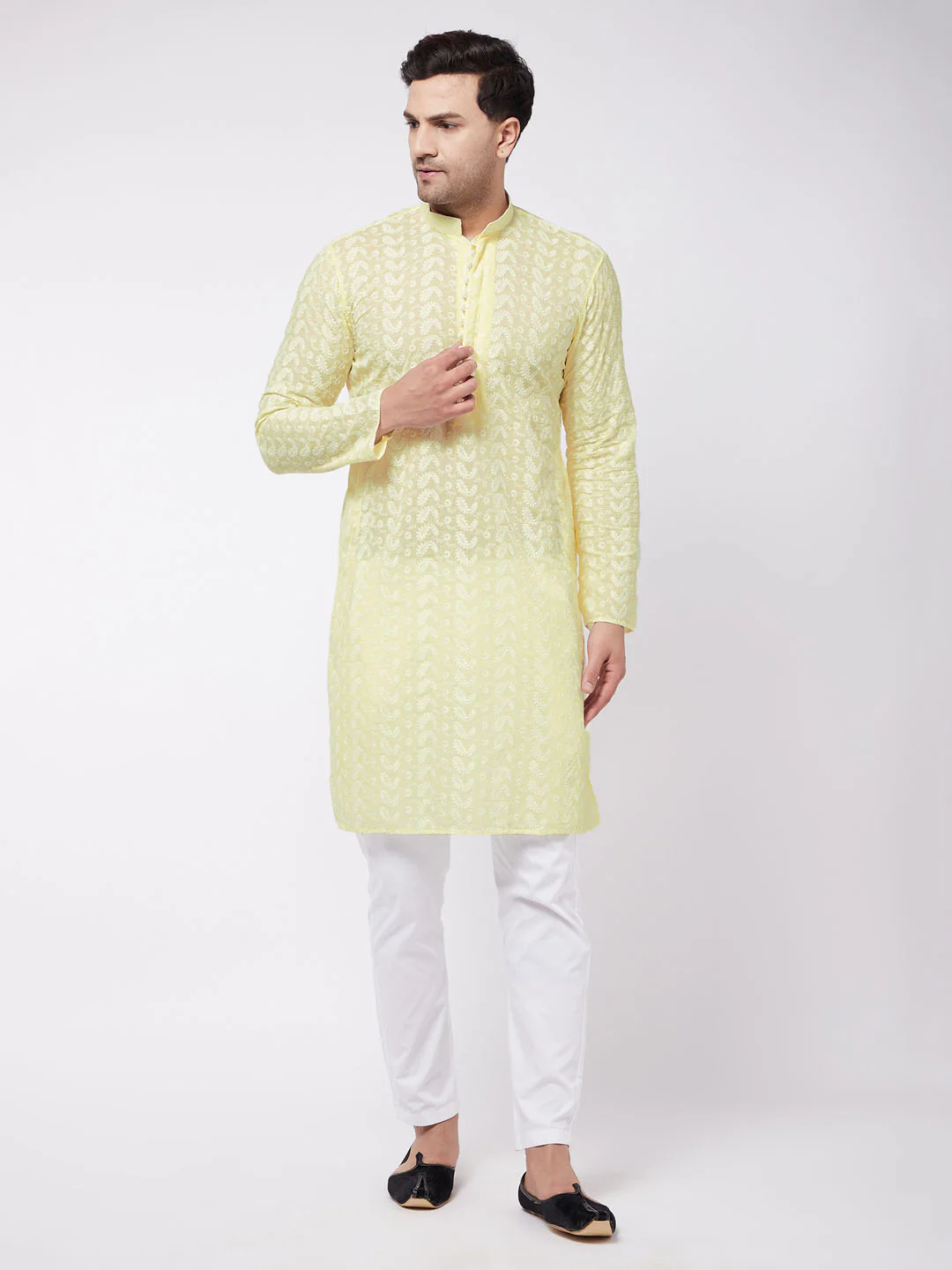 Men's Yellow Pure Cotton Chikankari Kurta With Pant Set - Image 6