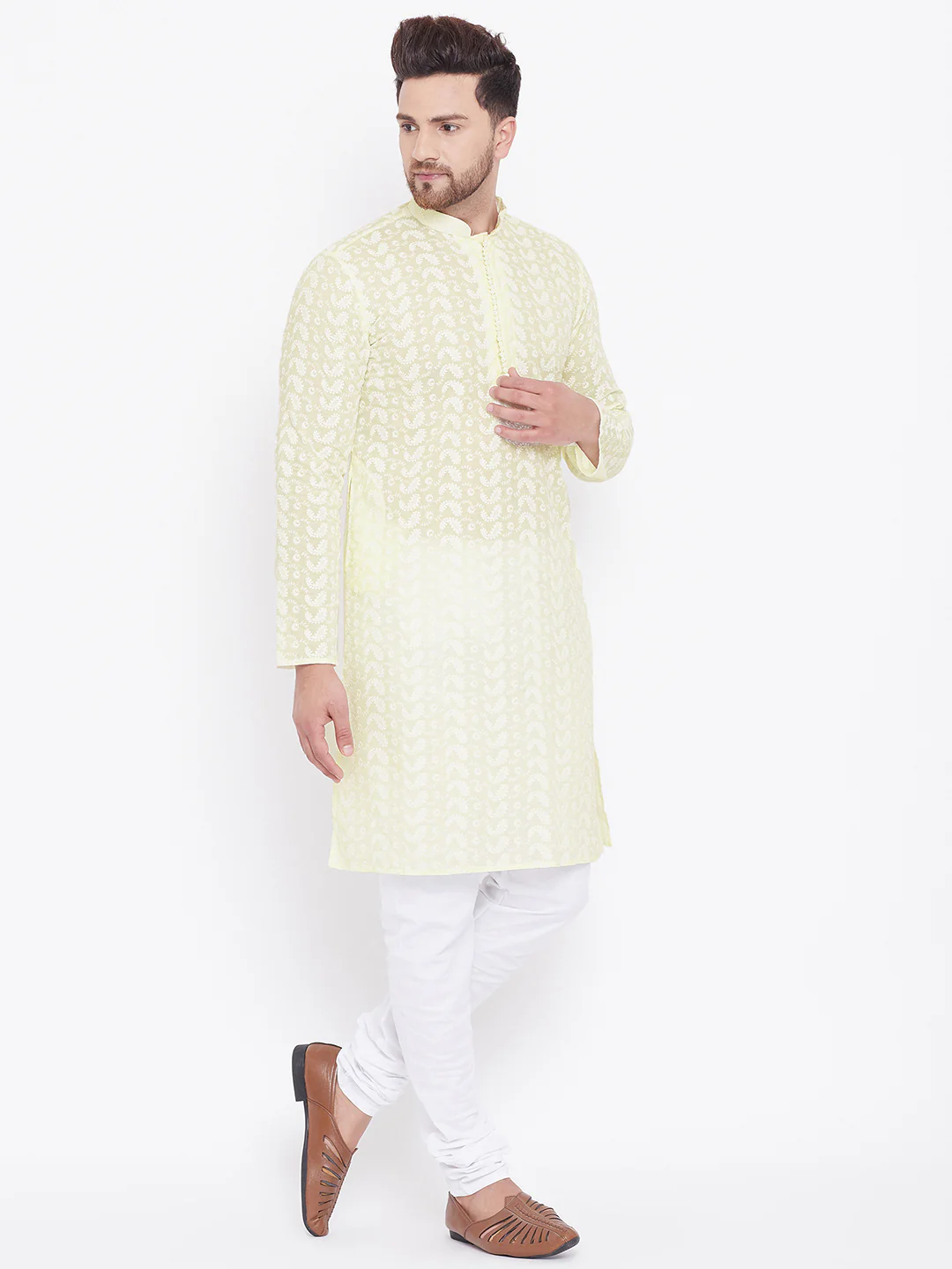 VASTRAMAY Men's Yellow Pure Cotton Chikankari Kurta Pyjama Set - Image 3
