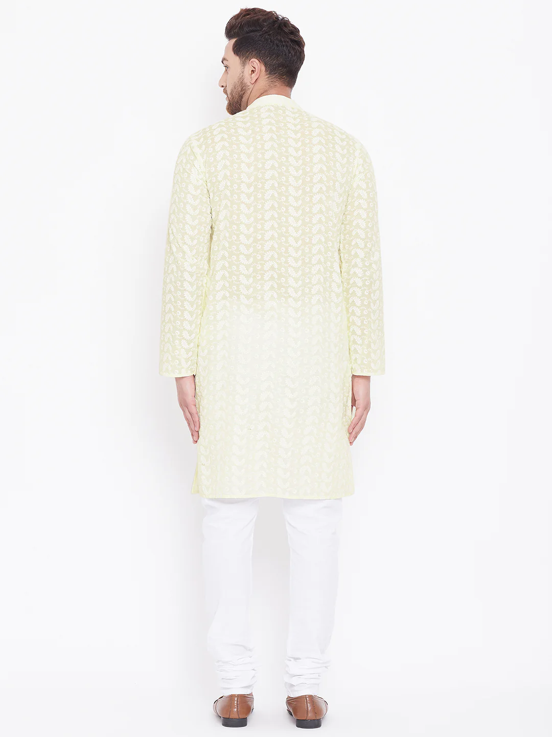 VASTRAMAY Men's Yellow Pure Cotton Chikankari Kurta Pyjama Set - Image 6
