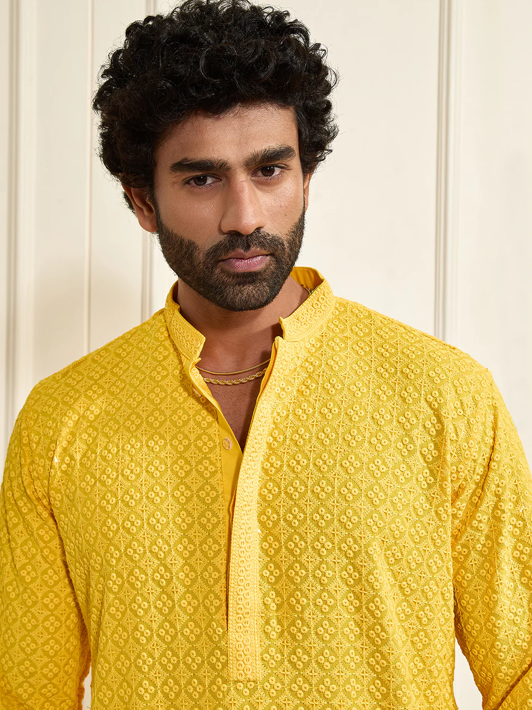 Men's Yellow And White Rayon Cotton Kurta Pyjama Set - Image 3