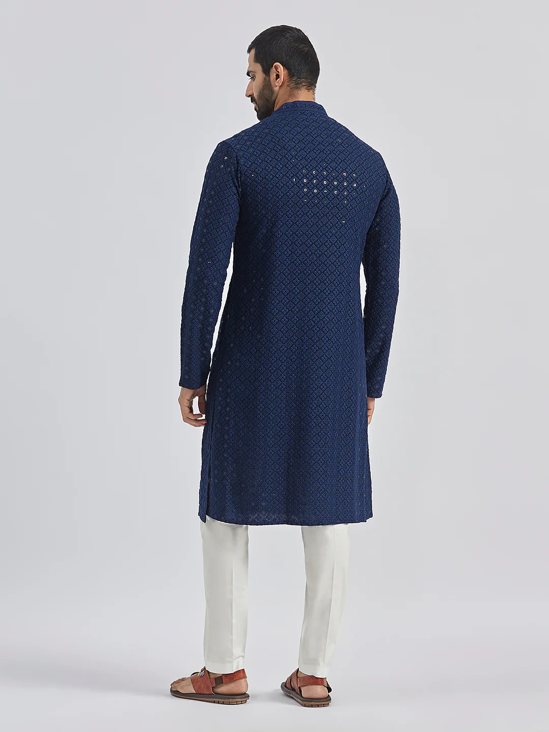 Men's Navy Blue And White Rayon Cotton Kurta Pyjama Set - Image 5