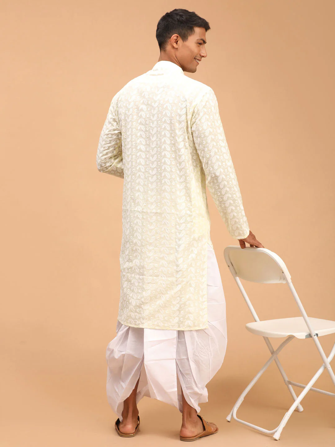 Men's Yellow Pure Cotton Chikankari Kurta With Dhoti Set - Image 3