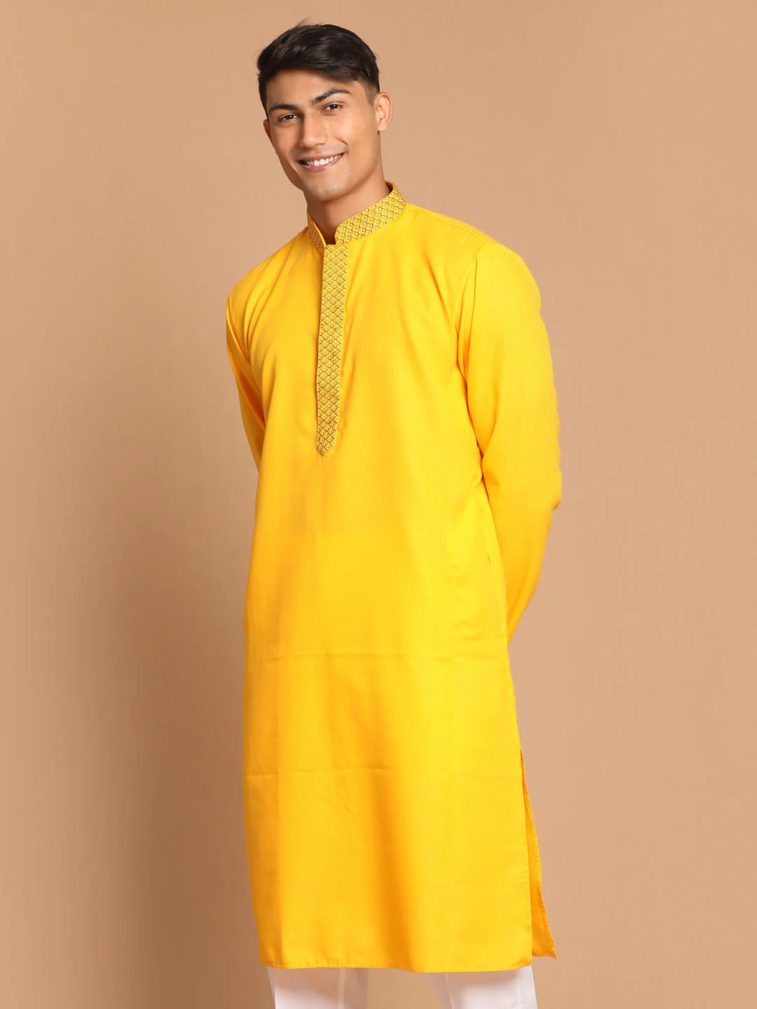 Men's Yellow Color Solid Kurta - Image 2