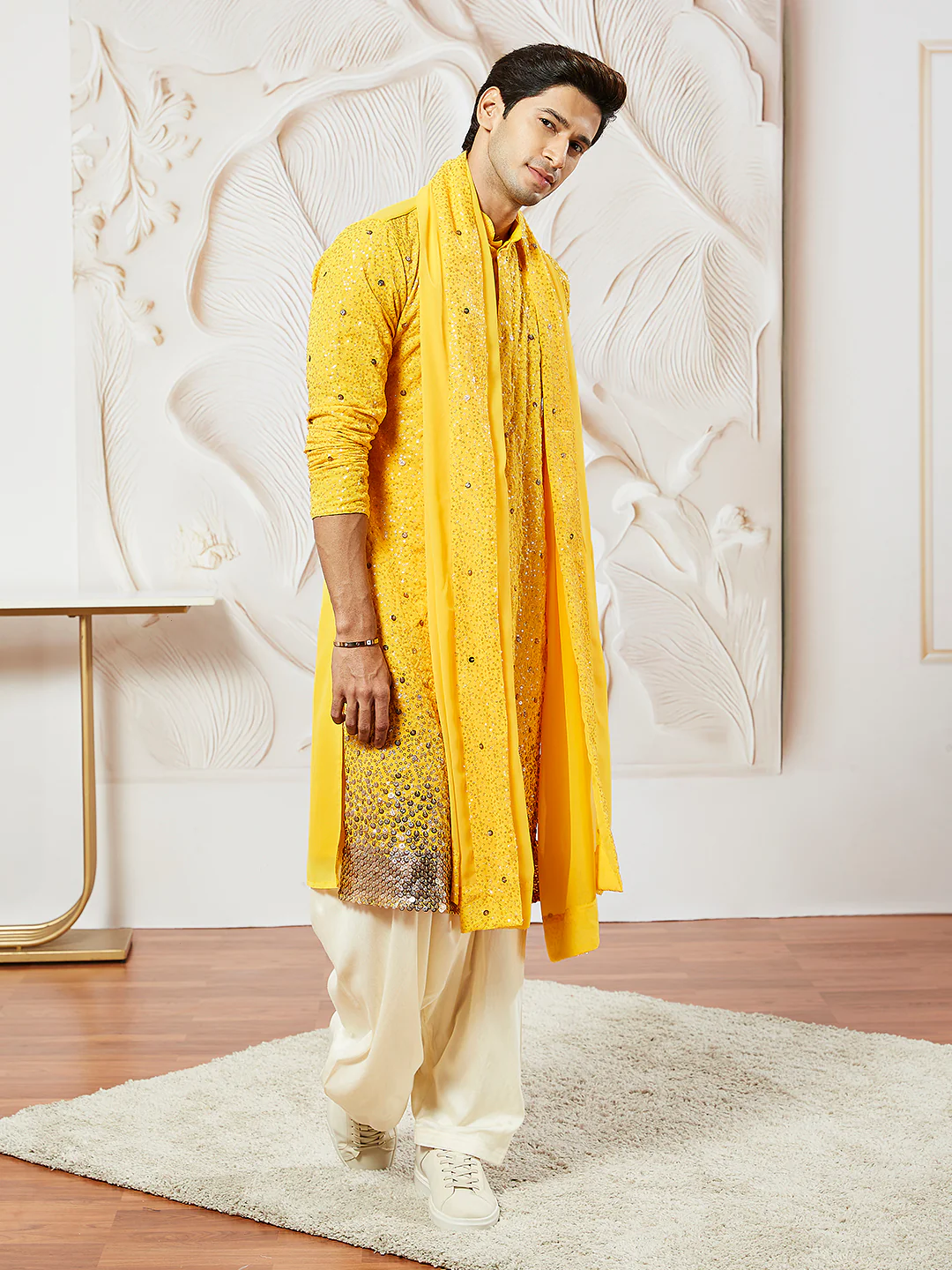 Men's Yellow Georgette Kurta Patiala And Dupatta Set - Image 4