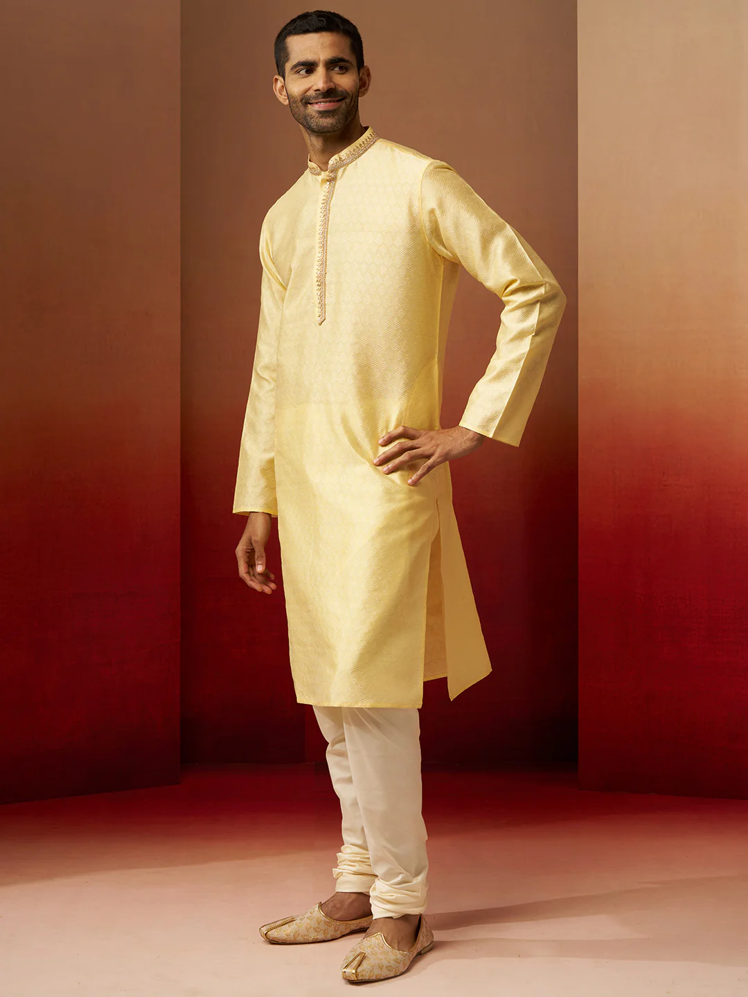 Men's Yellow Jacquard Kurta with Cream Churidar Set - Image 4