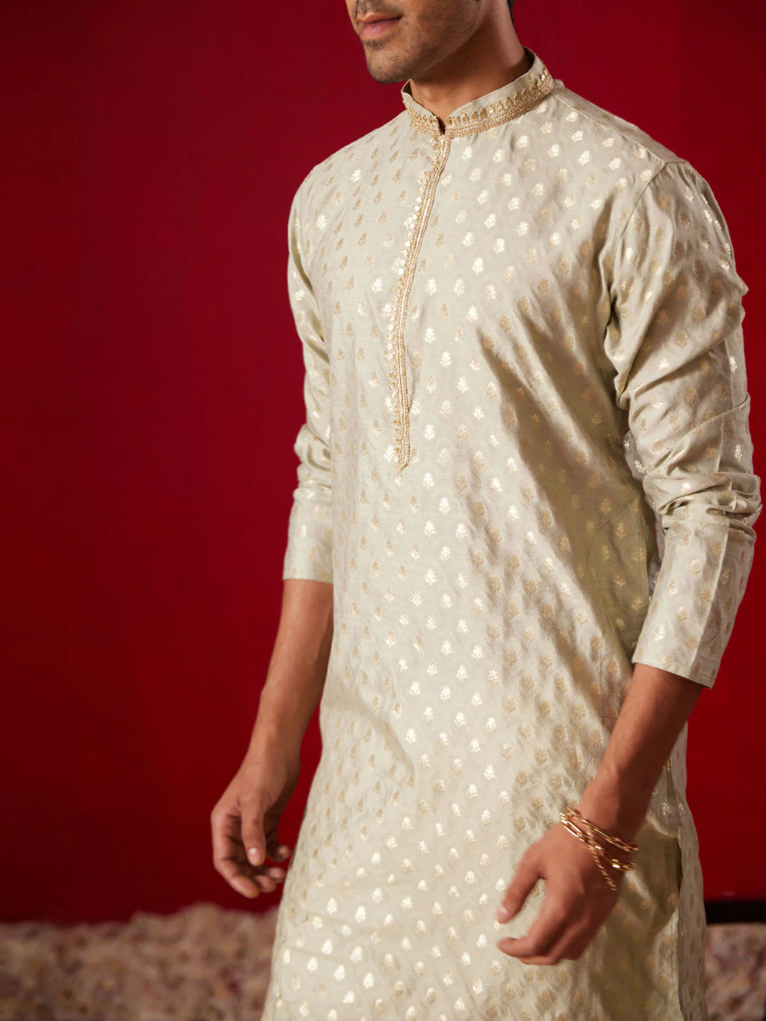 Me's Green Silk Blend Jacquard Kurta With Pant Set - Image 4