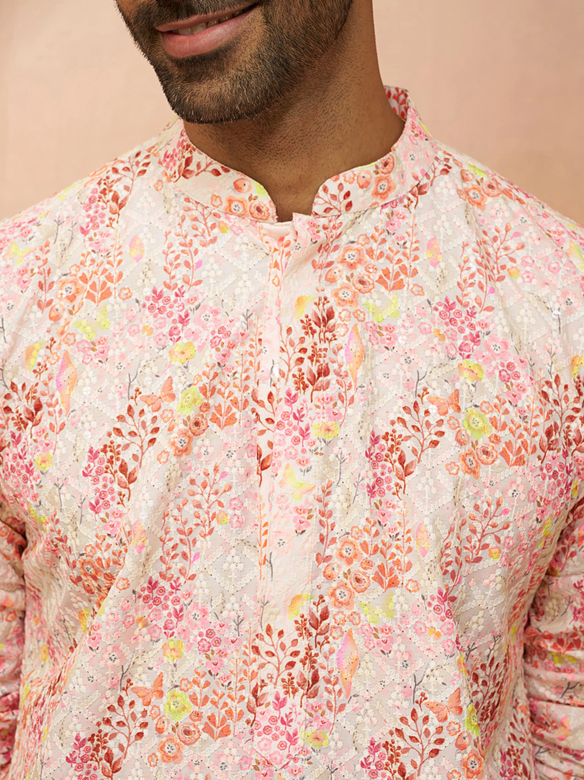 Men Multi Color Cotton Floral Sequin Kurta - Image 2