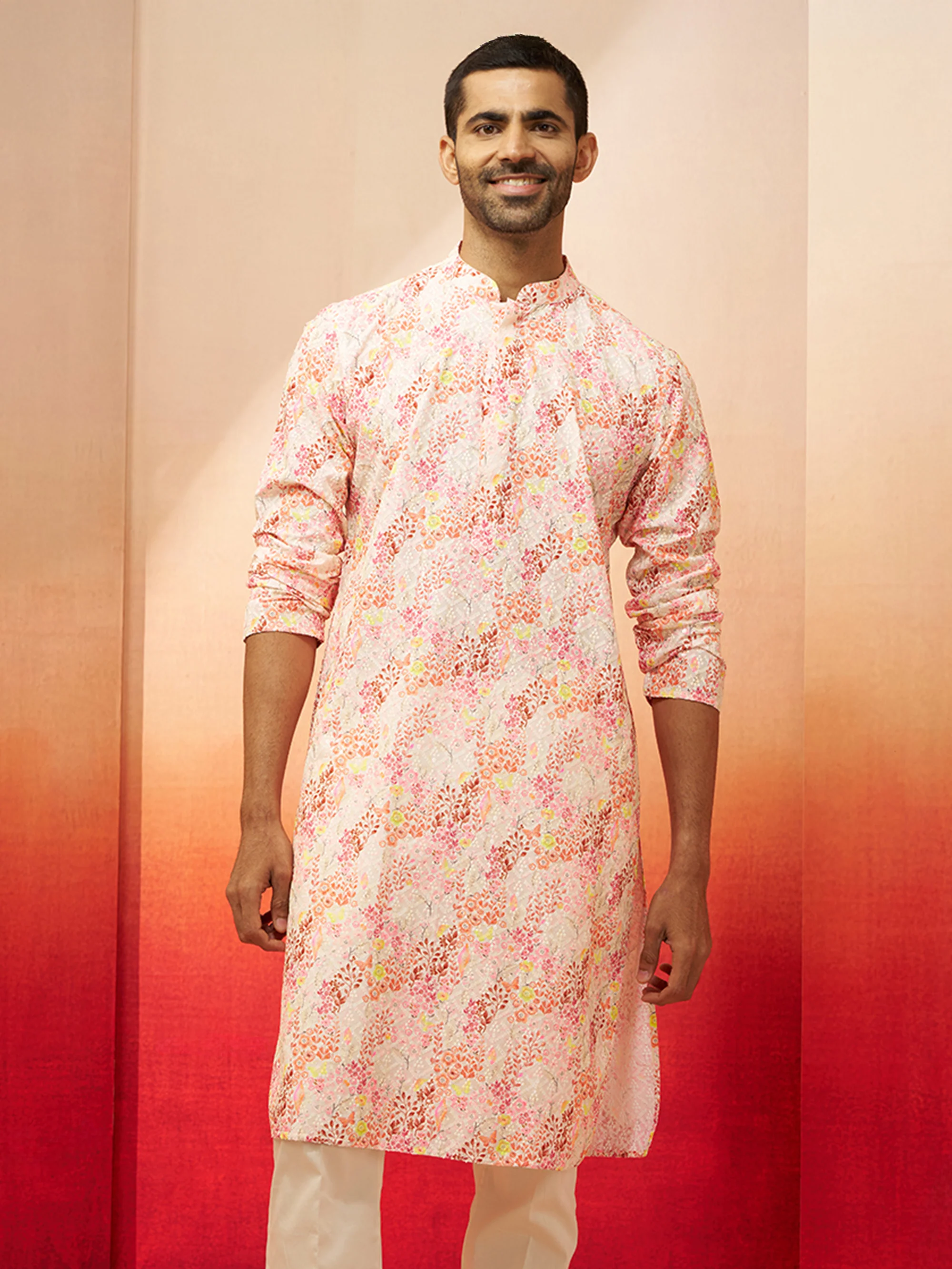 Men Multi Color Cotton Floral Sequin Kurta - Image 3