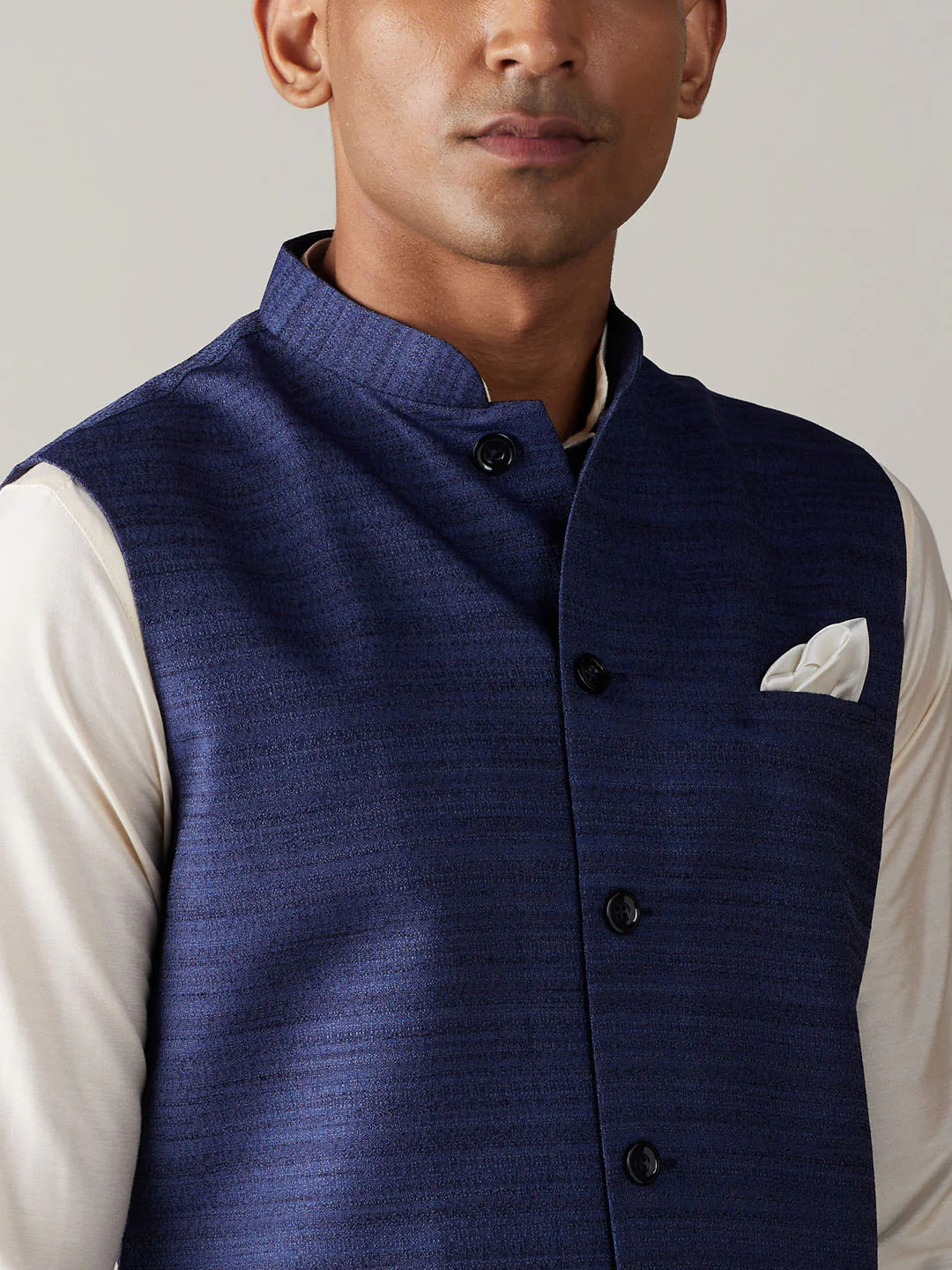 Navy Blue Cotton Blend Solid Nehru Jacket With Cream Kurta And Pant Set - Image 4