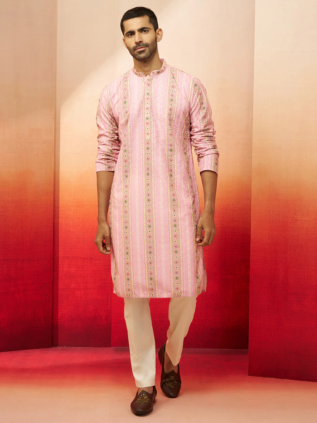 Men Peach Cotton Sequin Embroidered Kurta - Image 5